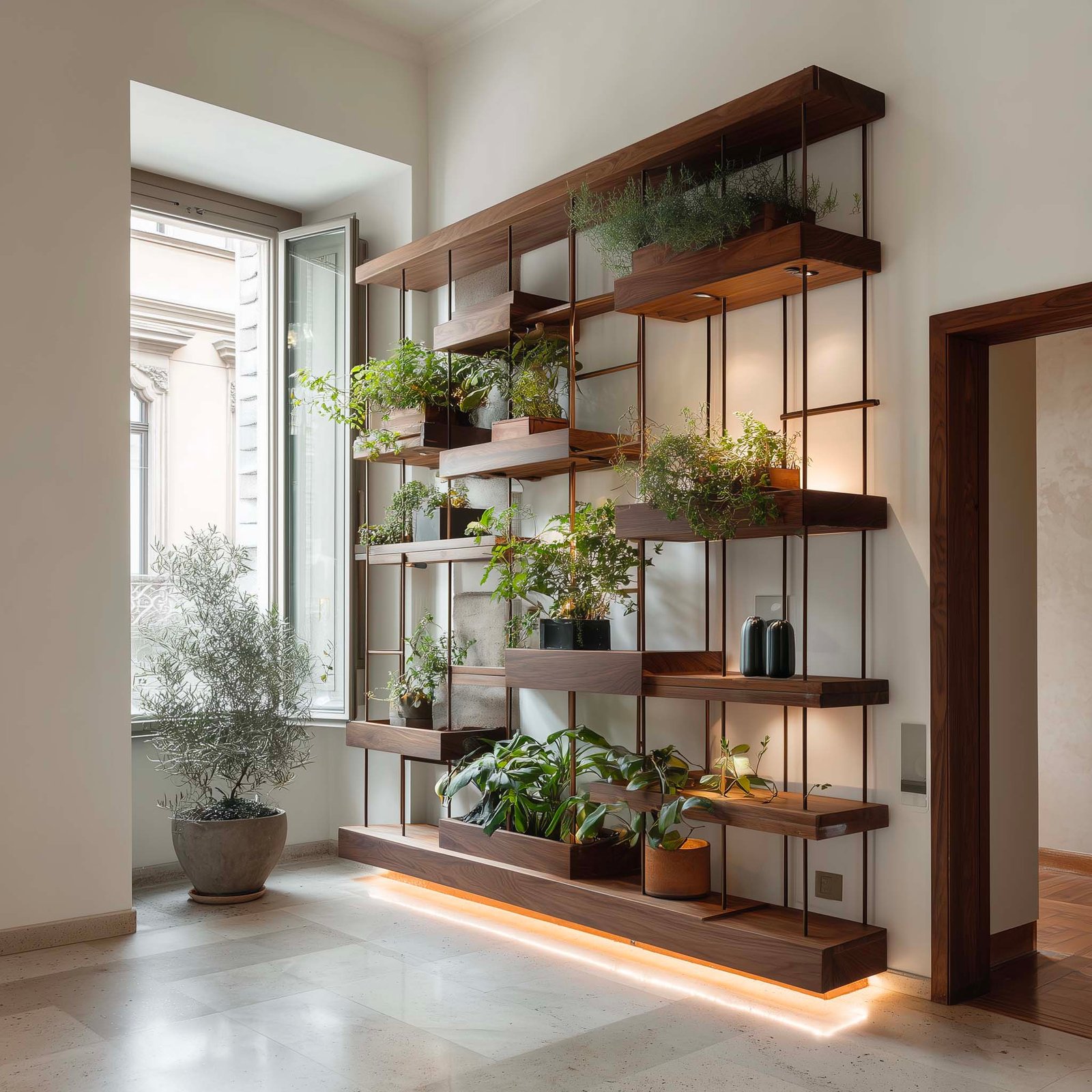 Scala umana — partizione botanica in noce affumicato e Acciaio Brunito proporzionata al corpo e al movimento, Rosmarinus officinalis su mensole alternate, Paracelsus Gardens™