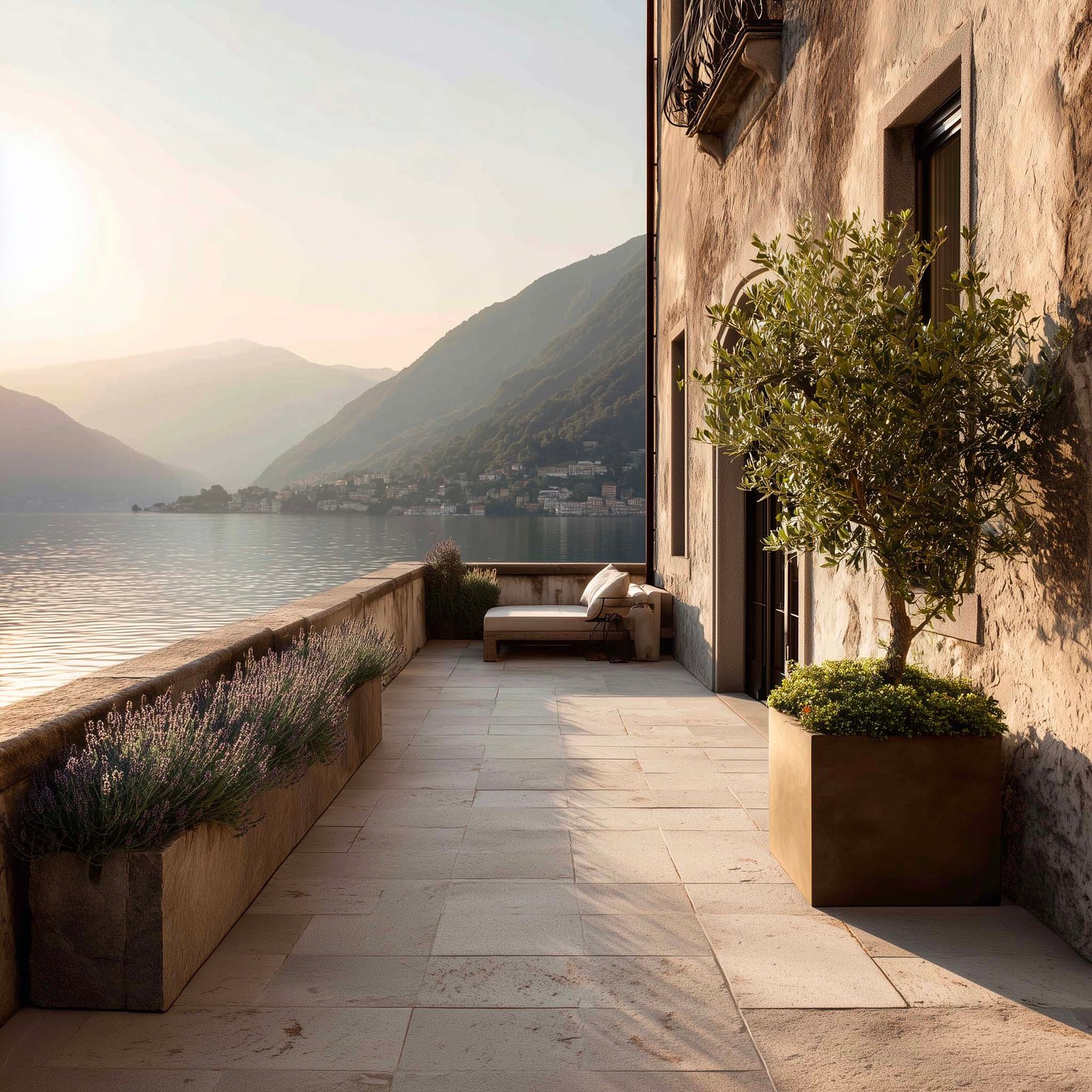 Equilibrio delle masse — fioriera Lignum in noce affumicato con Olea europaea, rapporto tra pieno e vuoto su terrazza in Pietra Serena, Paracelsus Gardens™