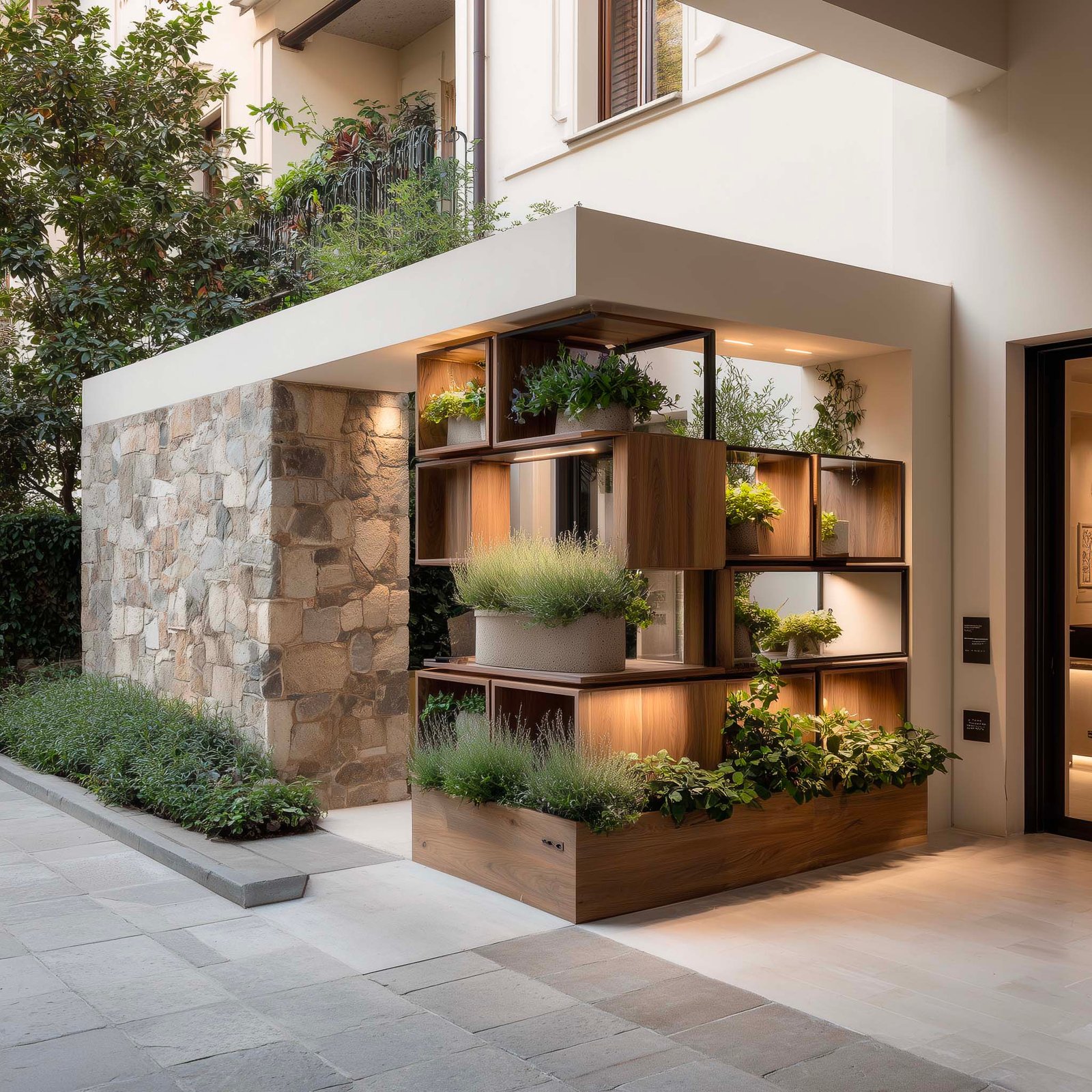 Dialogo architettura e vegetale — partizione modulare con Lavandula angustifolia, proporzioni come sistema vivente tra costruito e giardino, Paracelsus Gardens™