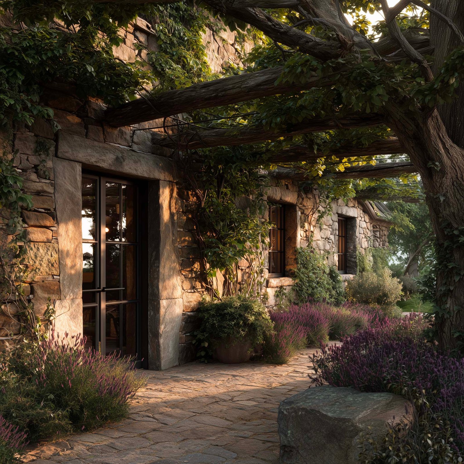 Temporalità — giardino maturo con fioriera Lignum, Wisteria e Salvia officinalis, equilibri che evolvono nel tempo senza spezzarsi, Paracelsus Gardens™