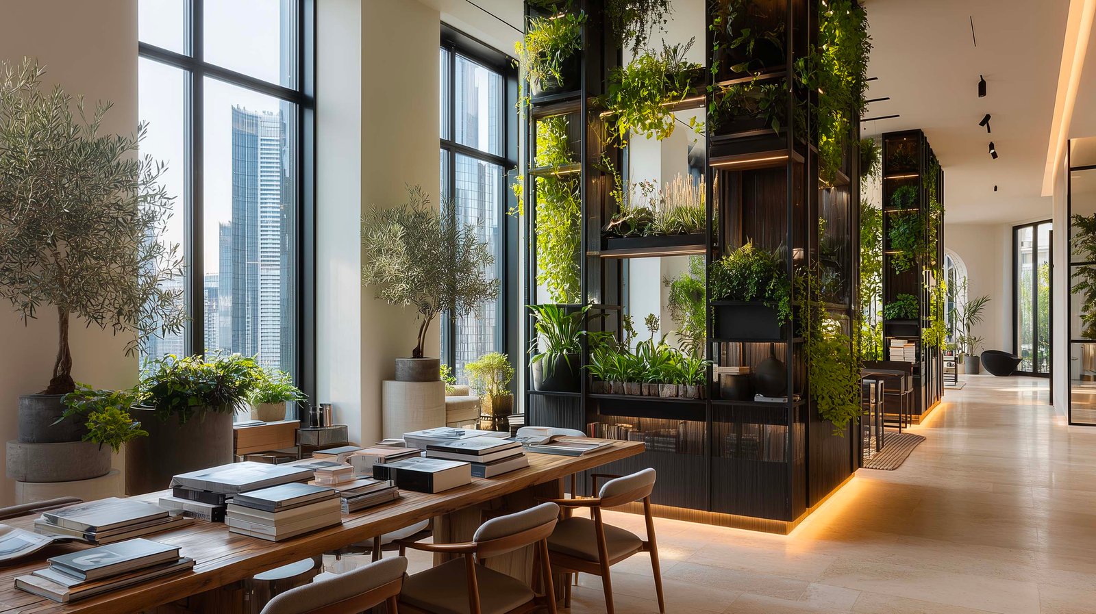 Studio di design botanico a Milano con partizione modulare in noce affumicato e Acciaio Brunito, Rosmarinus officinalis e Hedera helix — Paracelsus Gardens™