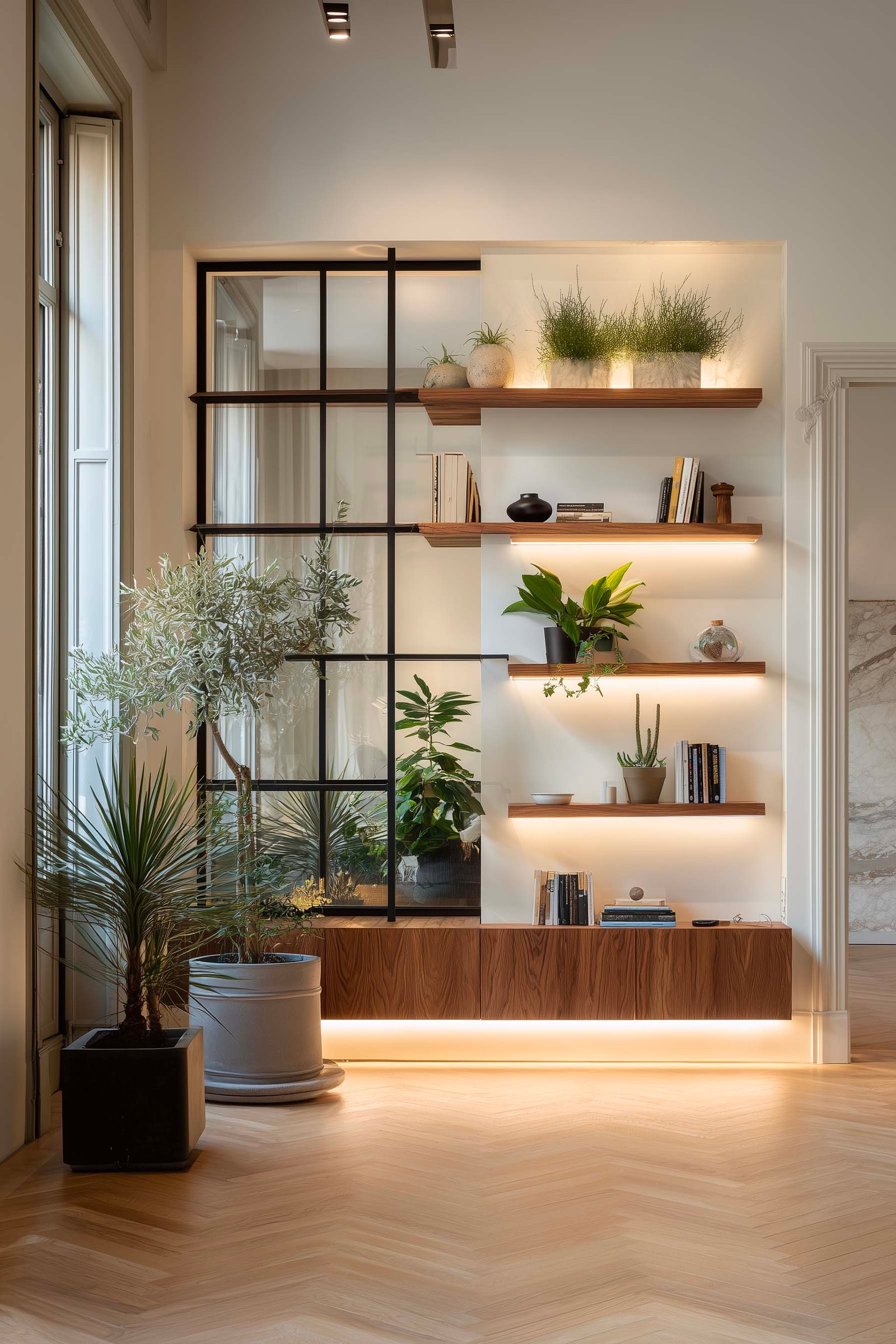 Grammatica botanica in appartamento milanese, partizione modulare in noce affumicato con Rosmarinus officinalis e Salvia officinalis — Paracelsus Gardens™