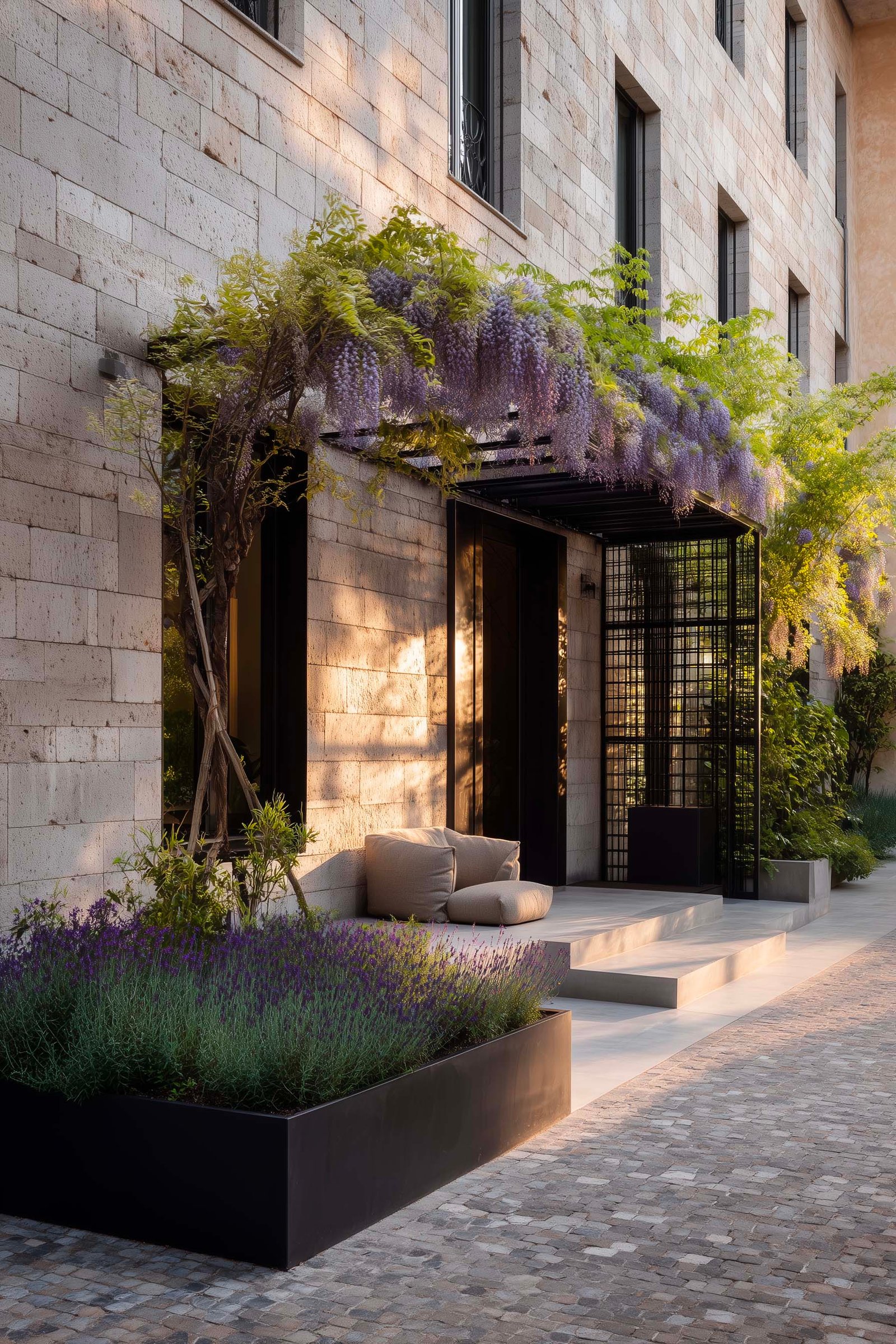 Cortile contemporaneo di palazzo milanese con partizione botanica, pergola in Acciaio Brunito e Wisteria, Lavandula angustifolia — Paracelsus Gardens™