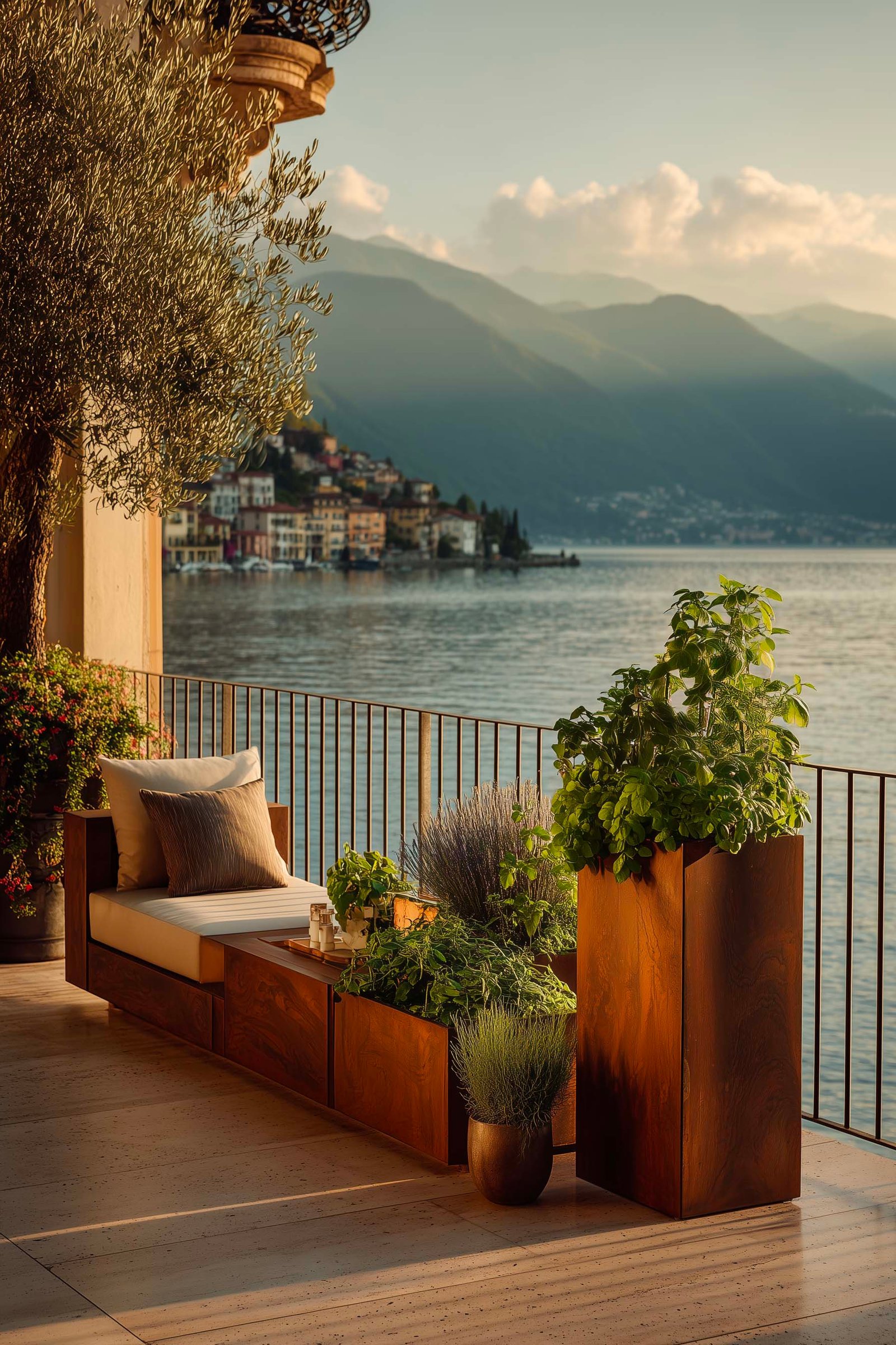 Terrazza sul Lago Maggiore con consolle Apotheca, fioriera Lignum con Citrus limon e Olea europaea — Paracelsus Gardens™