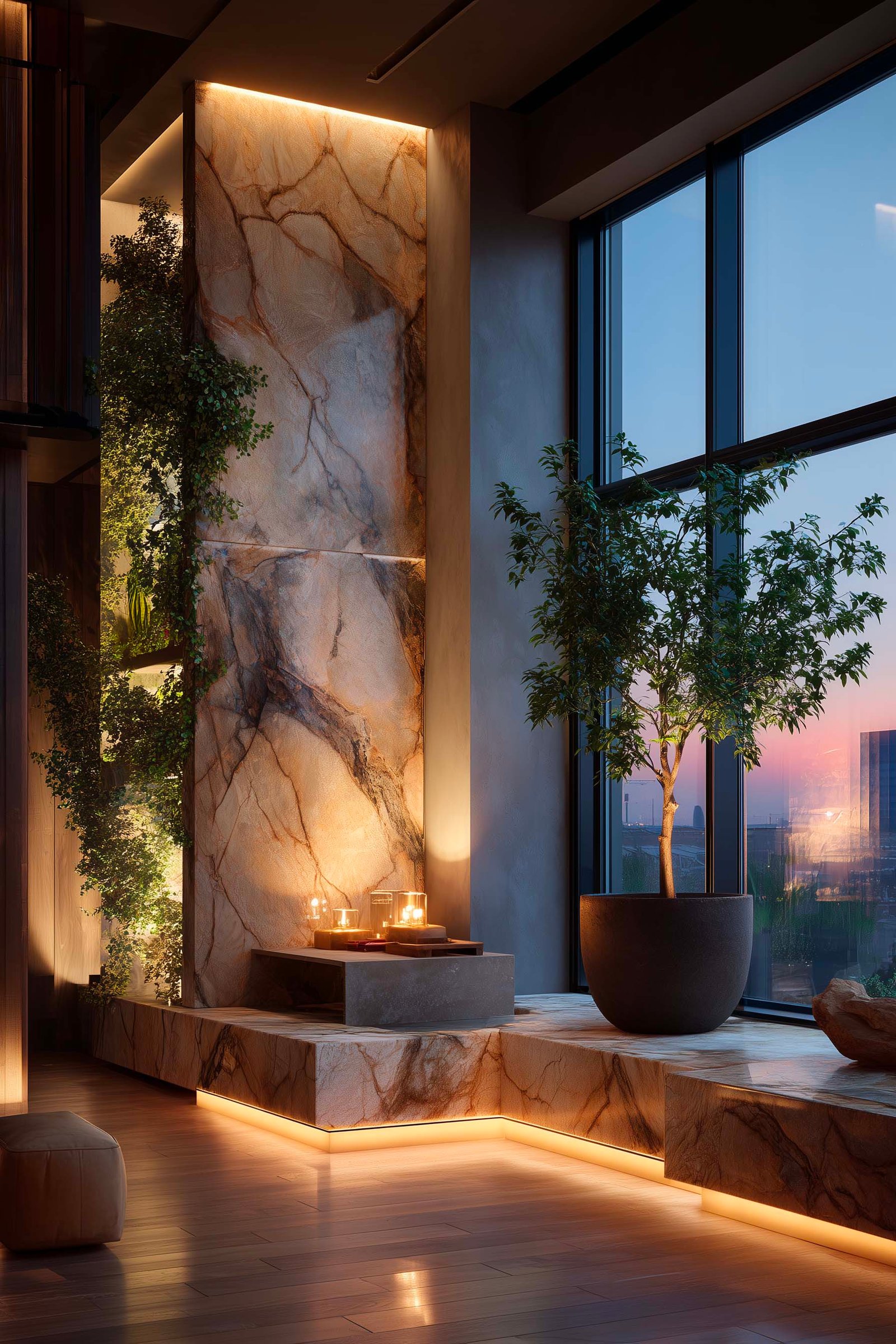 Atmosfera serale in soggiorno milanese, LED integrato su partizione botanica in noce affumicato, Hedera helix e Jasminum officinale — Paracelsus Gardens™