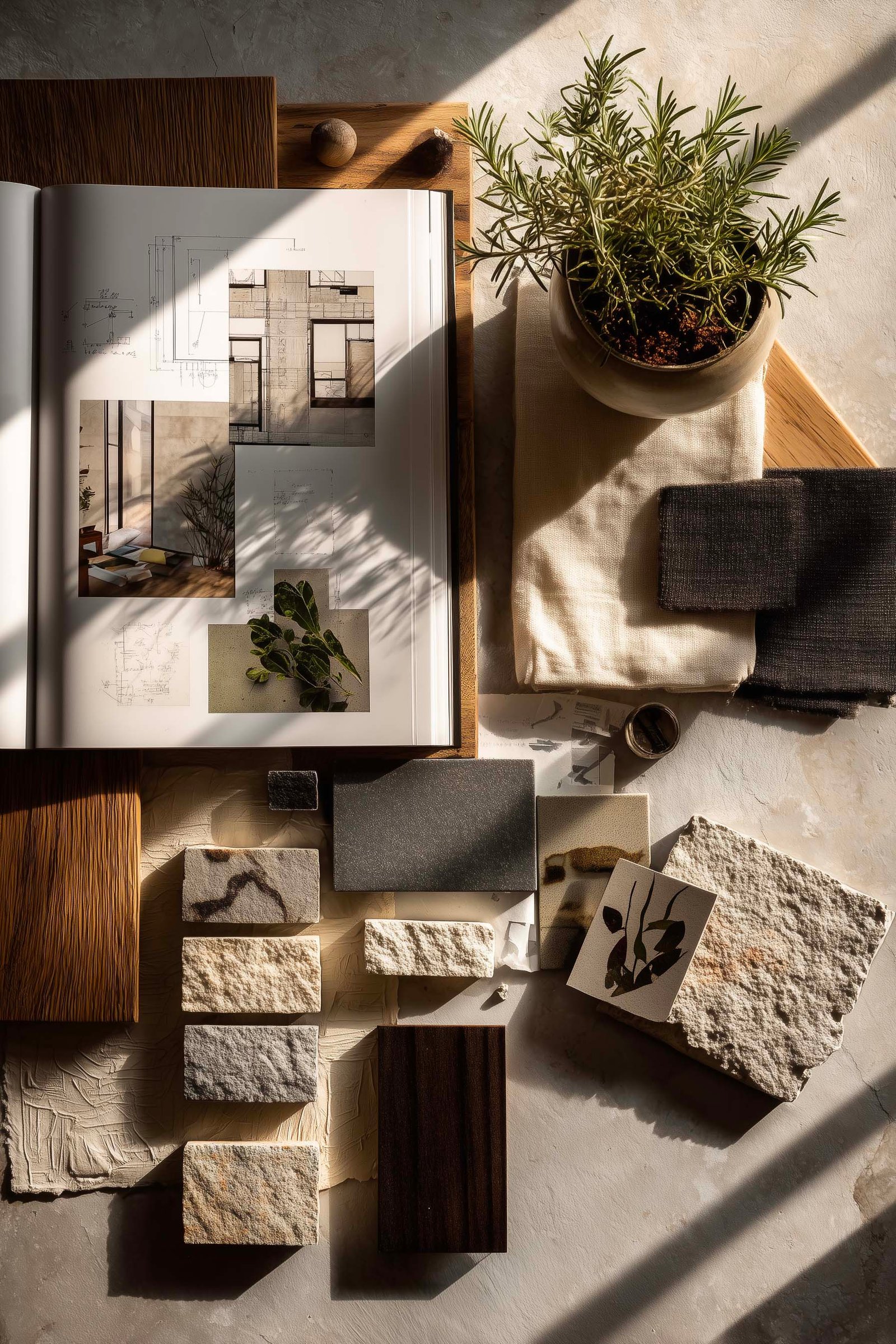 Tavolo di studio di design a Milano con lookbook stampato, campioni di noce affumicato e Pietra Serena, Apotheca con Rosmarinus officinalis — Paracelsus Gardens™