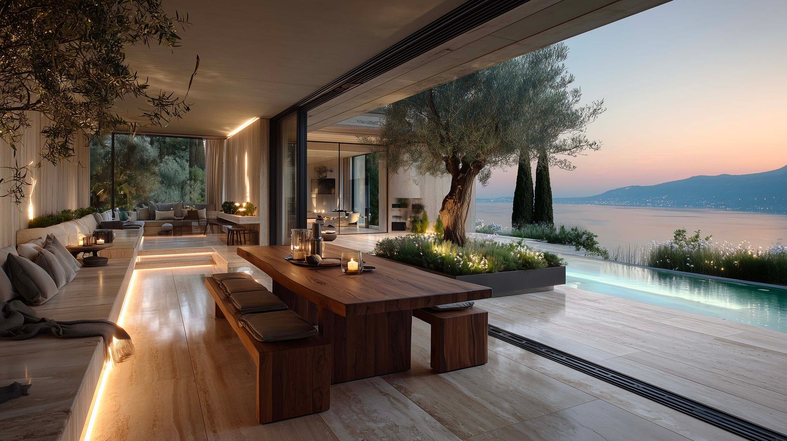 Spazio living panoramico indoor-outdoor su Lago di Garda, partizione botanica modulare, fioriere Lignum con Olea europaea e Lavandula angustifolia — Paracelsus Gardens™