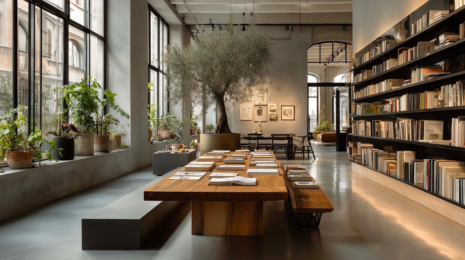 Biblioteca di design botanico in studio milanese, quaderni aperti con schizzi di composizioni, fioriera Lignum con Laurus nobilis e Rosmarinus officinalis — Paracelsus Gardens™