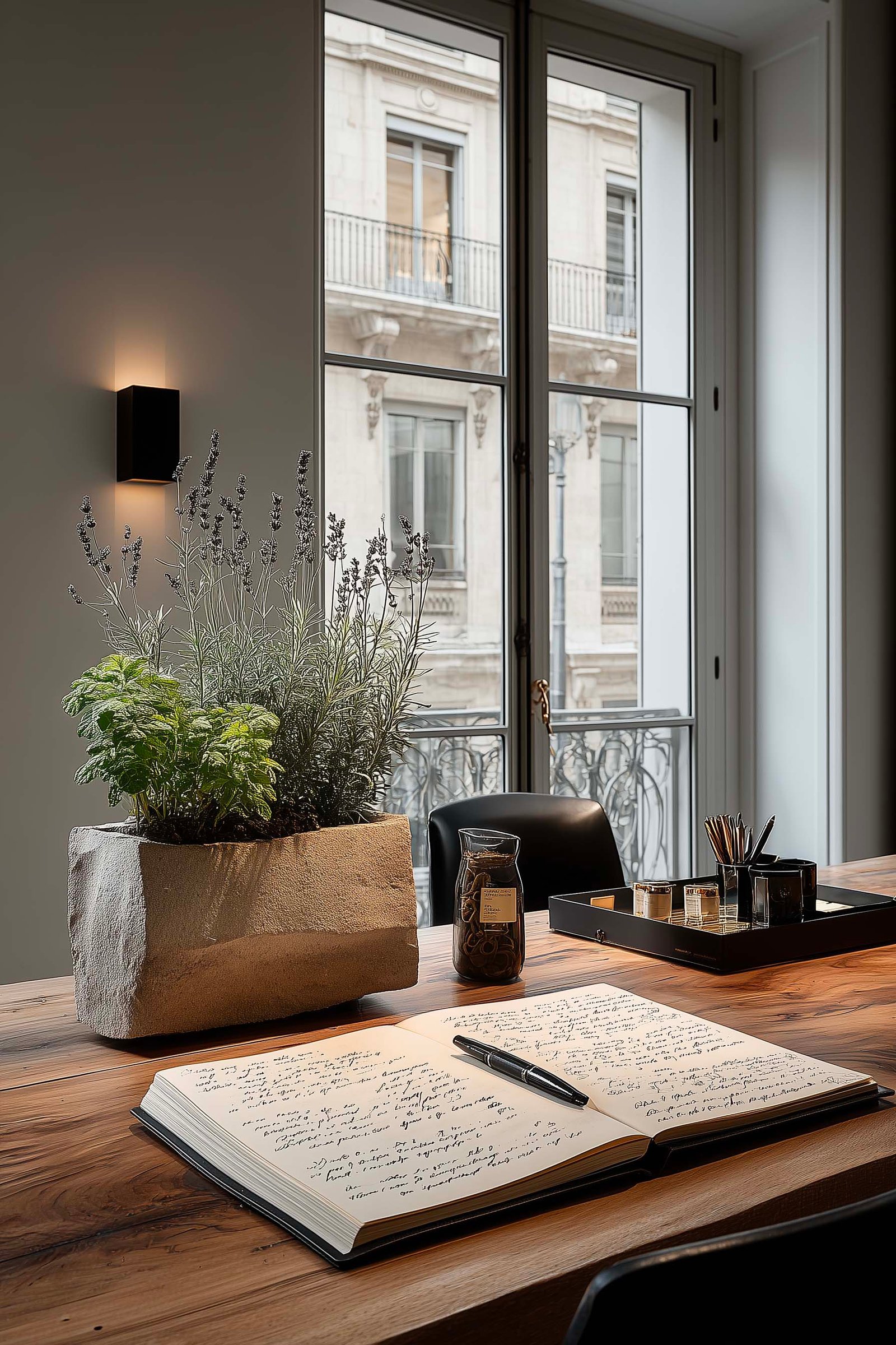 Quaderno botanico aperto su scrivania in noce affumicato, Lavandula angustifolia pressata, consolle Apotheca con Thymus vulgaris e Salvia officinalis — Paracelsus Gardens™