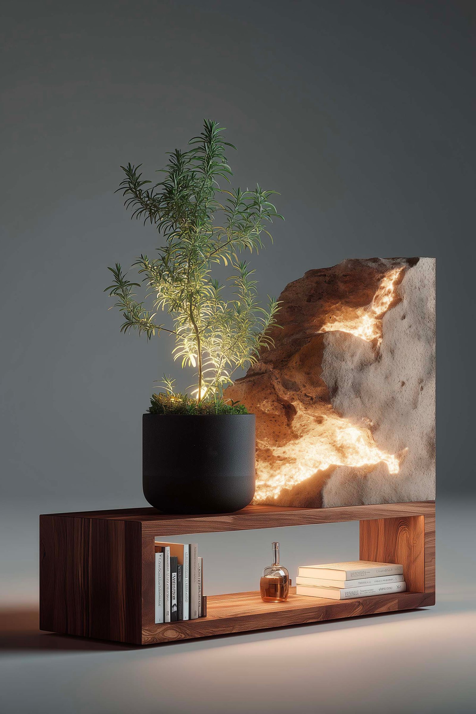 Ritratto botanico di Rosmarinus officinalis in studio milanese, superficie in Pietra Serena, mensola in noce affumicato e Acciaio Brunito — Paracelsus Gardens™