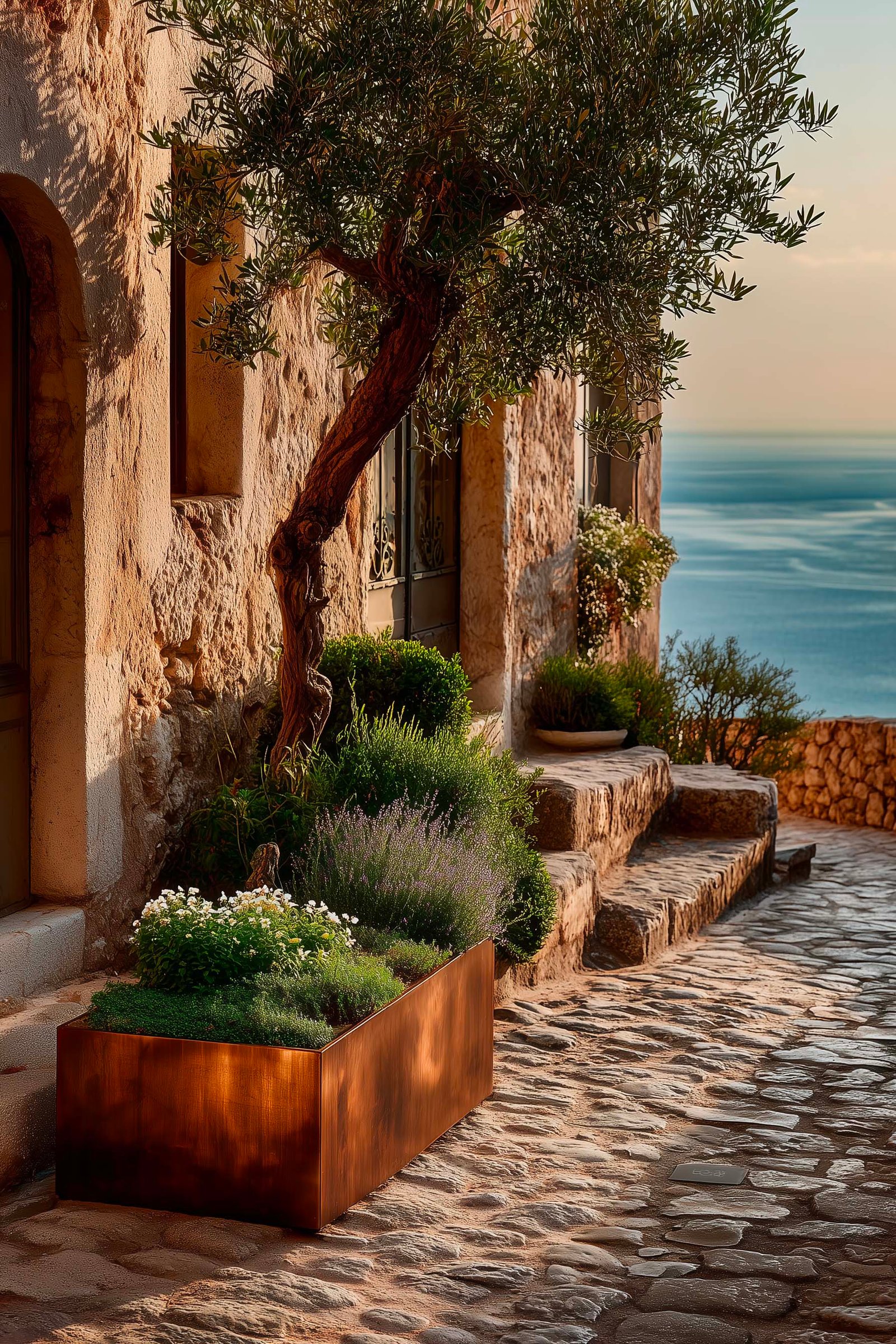 Angolo contemplativo di giardino sopra Èze-Village, fioriera Lignum in noce affumicato con Jasminum officinale e Chamaemelum nobile, Olea europaea — Paracelsus Gardens™