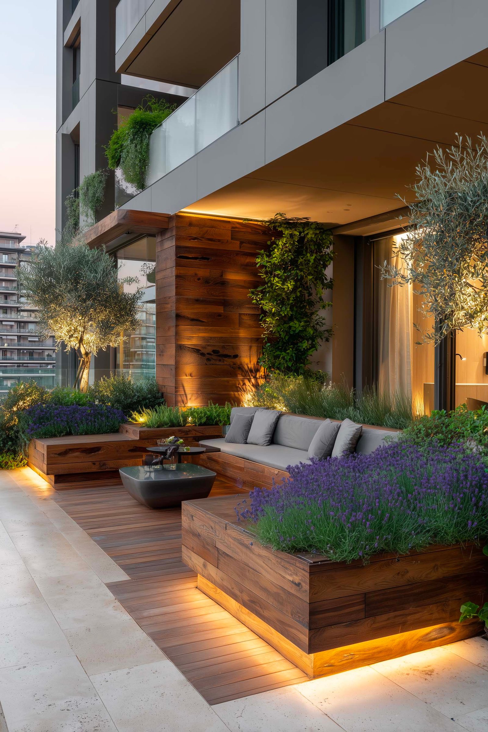 Terrazza residenziale in penthouse milanese, partizione botanica in noce affumicato e Acciaio Brunito, fioriere Lignum con Lavandula angustifolia — Paracelsus Gardens™