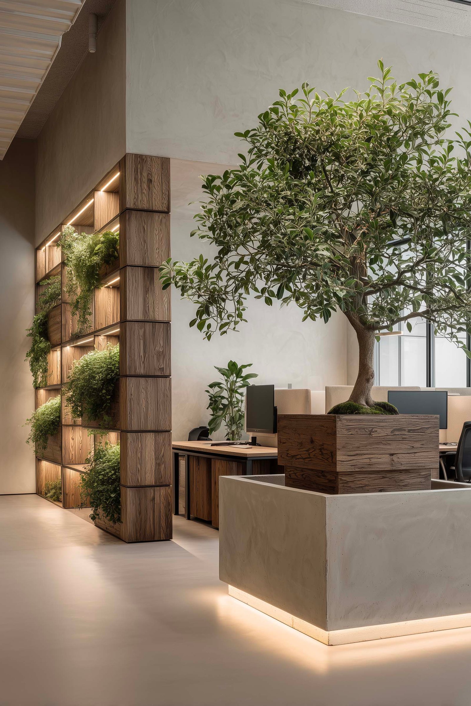 Ufficio privato milanese con fioriera Lignum in noce affumicato e Ficus microcarpa, partizione botanica con Salvia officinalis, micro-cemento — Paracelsus Gardens™