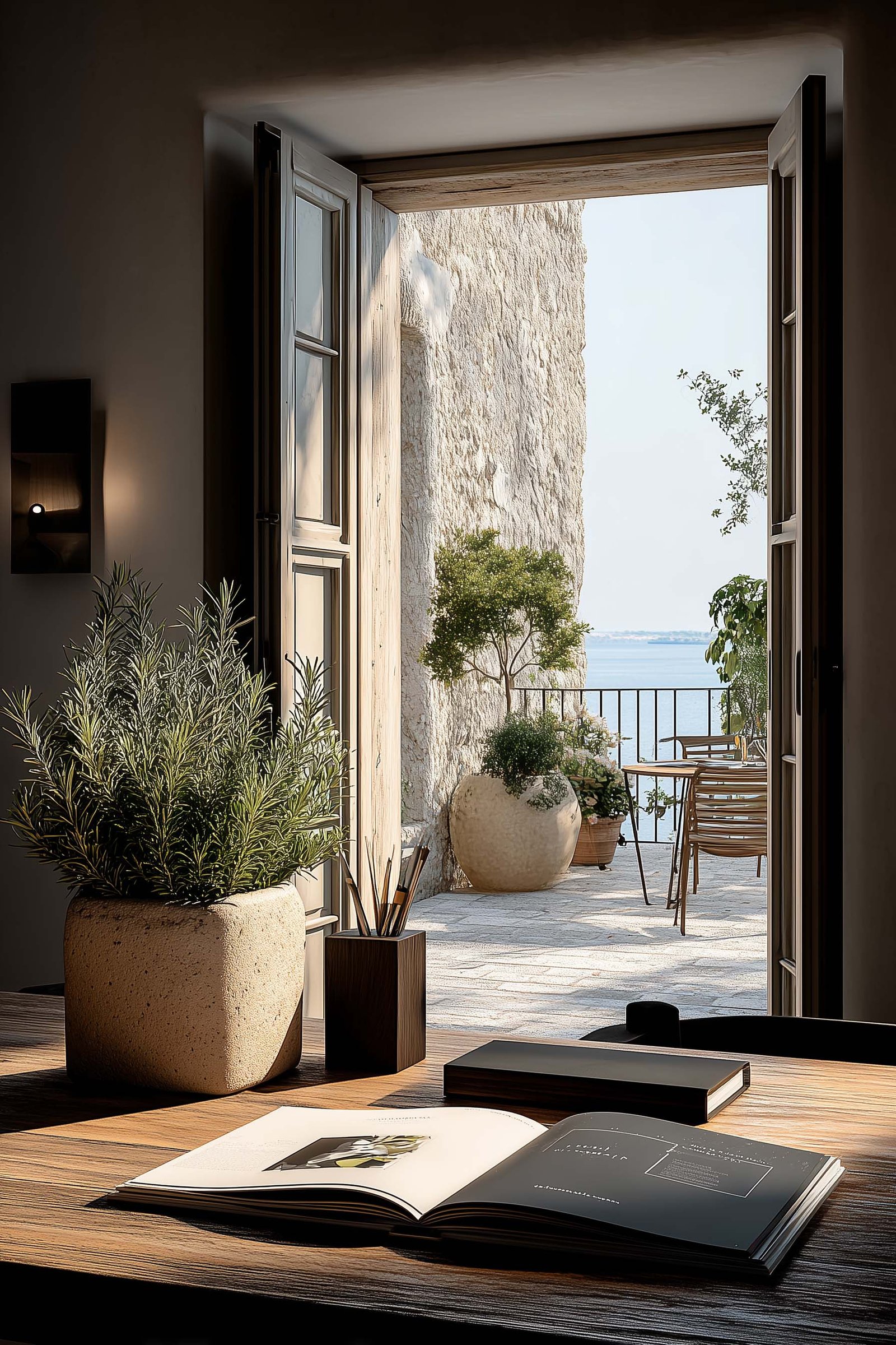 Rivista di design aperta in villa sopra Villefranche-sur-Mer, fioriera Lignum con Rosmarinus officinalis, vista Mediterraneo — Paracelsus Gardens™