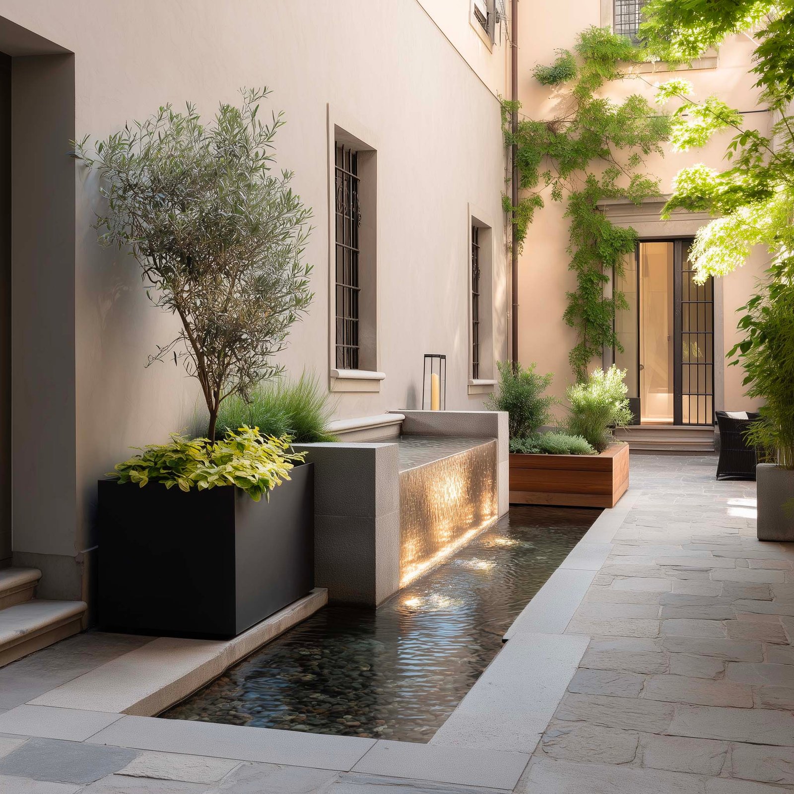 Suono — fontanella in pietra e fogliami di Olea europaea mossi dal vento, paesaggio sonoro naturale in giardino italiano, Paracelsus Gardens™