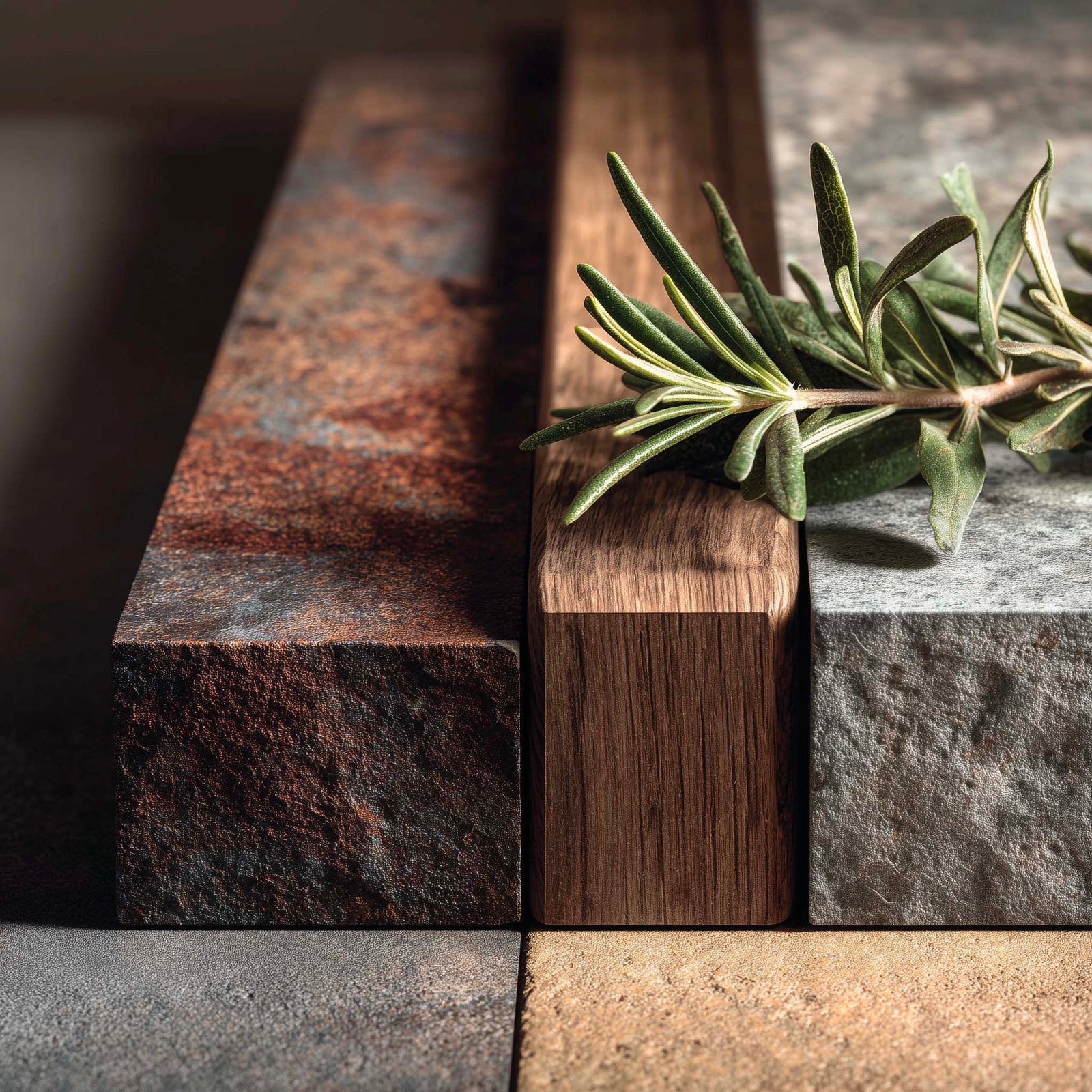 Tatto — texture di Pietra Serena, noce affumicato e Acciaio Brunito, superfici che ancorano il corpo nello spazio, Paracelsus Gardens™