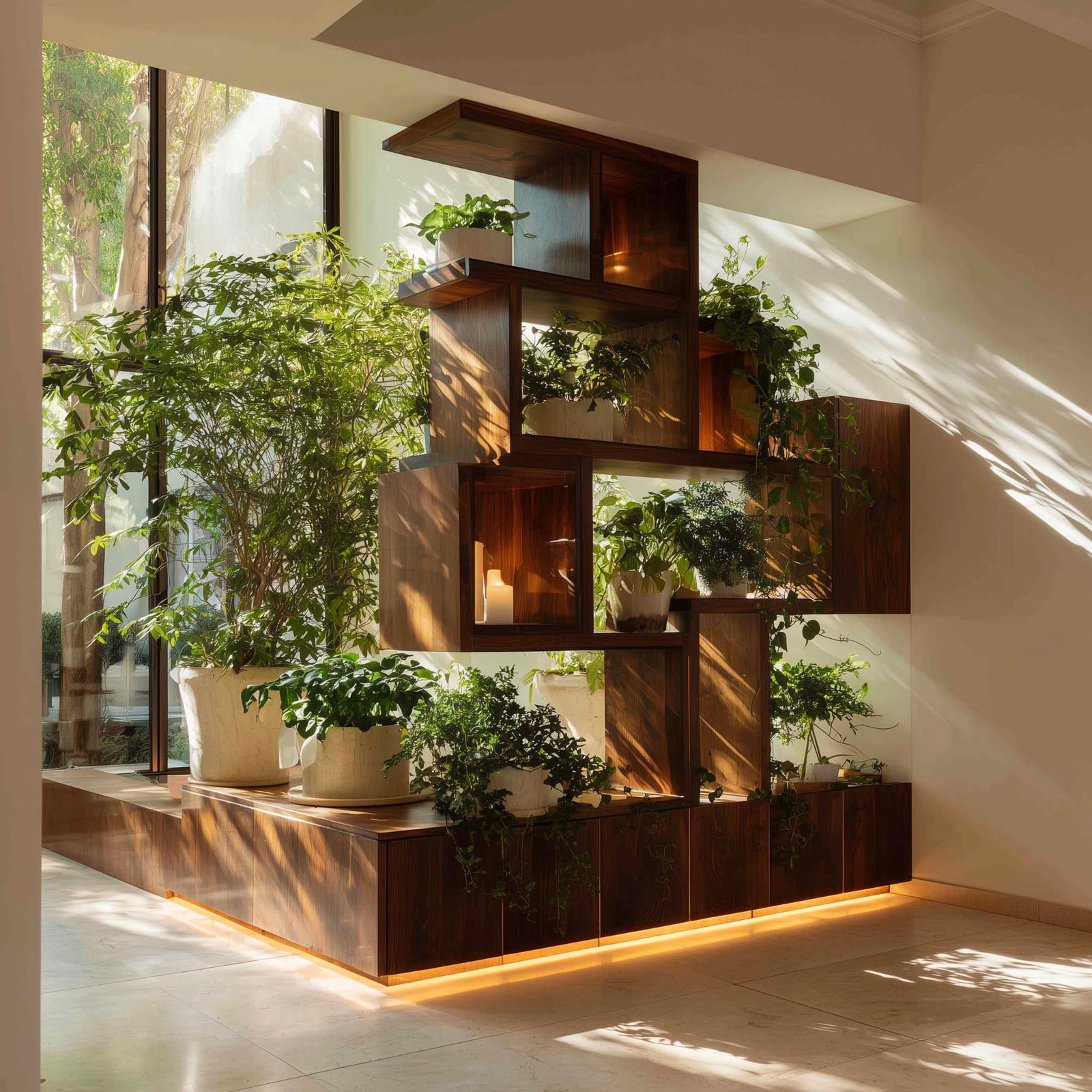 Luce — ombra filtrata attraverso partizione botanica in noce affumicato, contrasti e filtrazione come strumenti architettonici, Paracelsus Gardens™