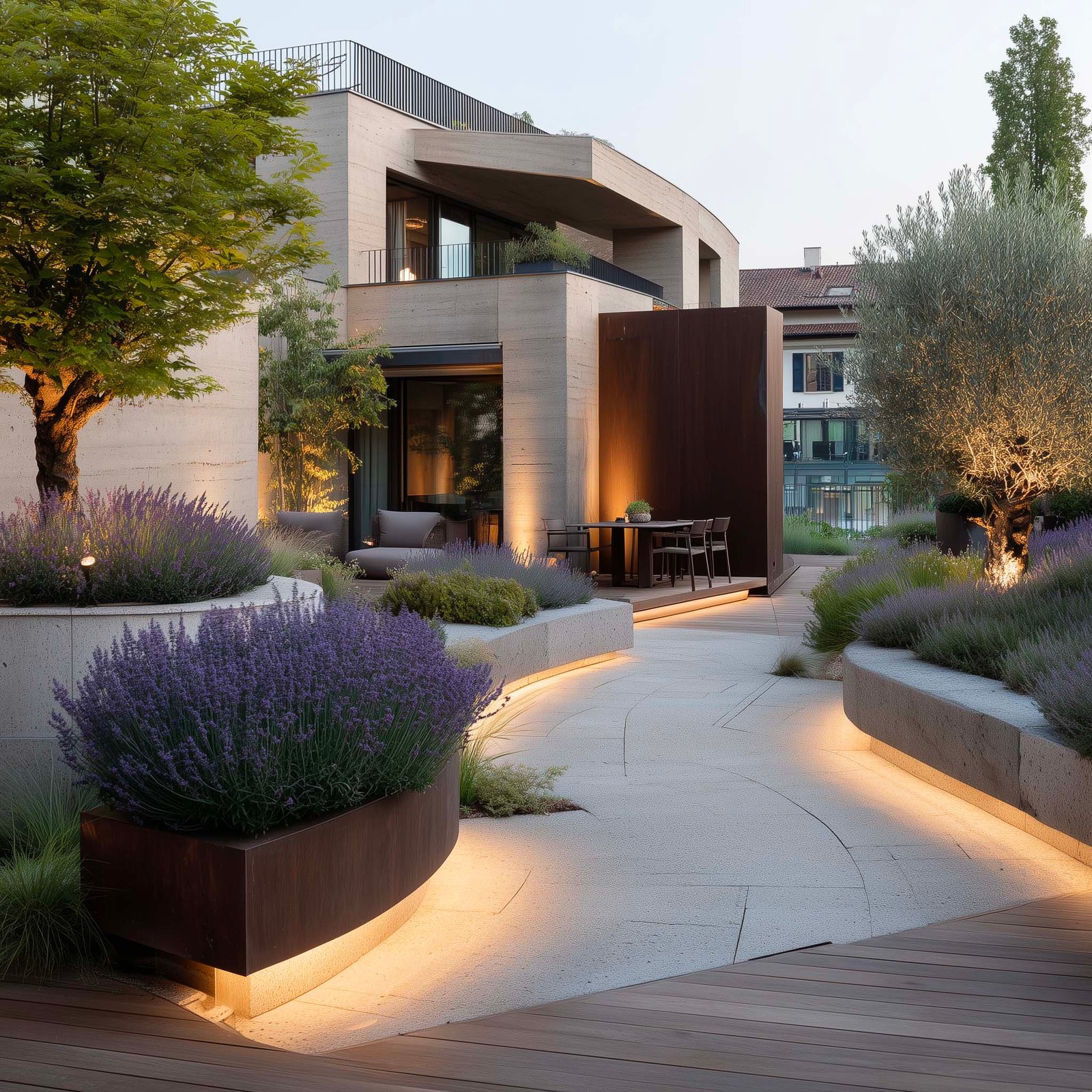 Movimento — sequenza spaziale con fioriera Lignum e partizione modulare che guidano il corpo attraverso il giardino, Paracelsus Gardens™