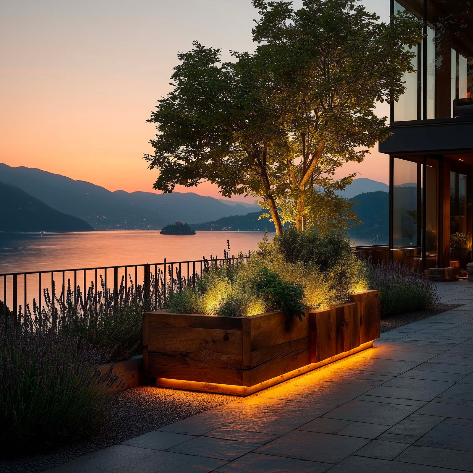 Accordo sensoriale — terrazza con tutti gli elementi in armonia, Olea europaea, Salvia officinalis, LED caldo e Pietra Serena, Paracelsus Gardens™