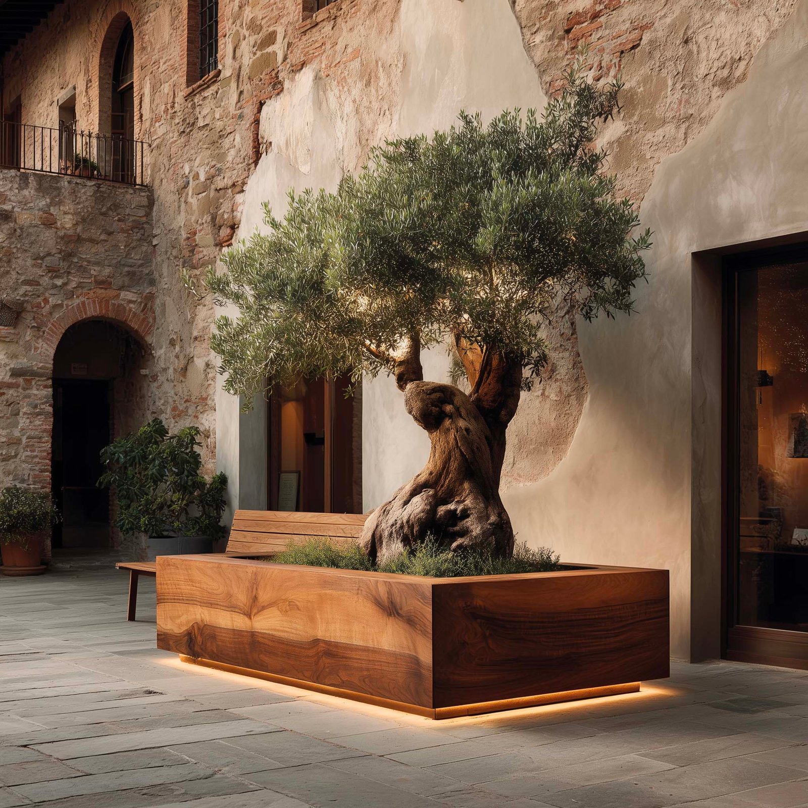 Terra — fioriera Lignum in noce affumicato radicata su Pietra Serena, Olea europaea come presenza minerale e strutturante, Paracelsus Gardens™