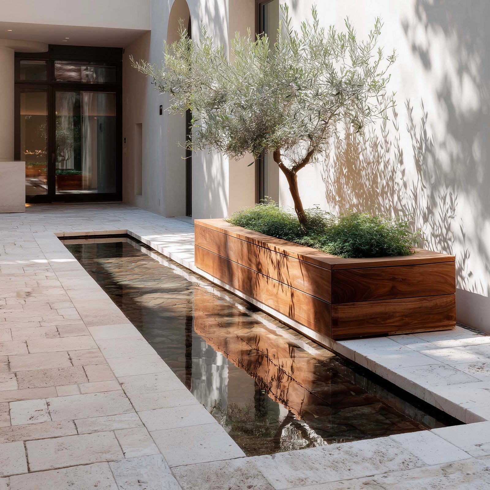 Acqua — canale sottile in pietra con riflessi e Rosmarinus officinalis, calma e ritmo sonoro nel giardino, Paracelsus Gardens™