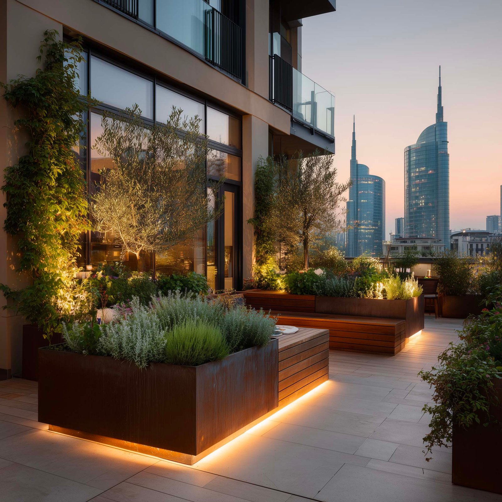 Fuoco — LED caldo integrato nella partizione in noce affumicato al crepuscolo, cadenza del giorno e della notte, Paracelsus Gardens™