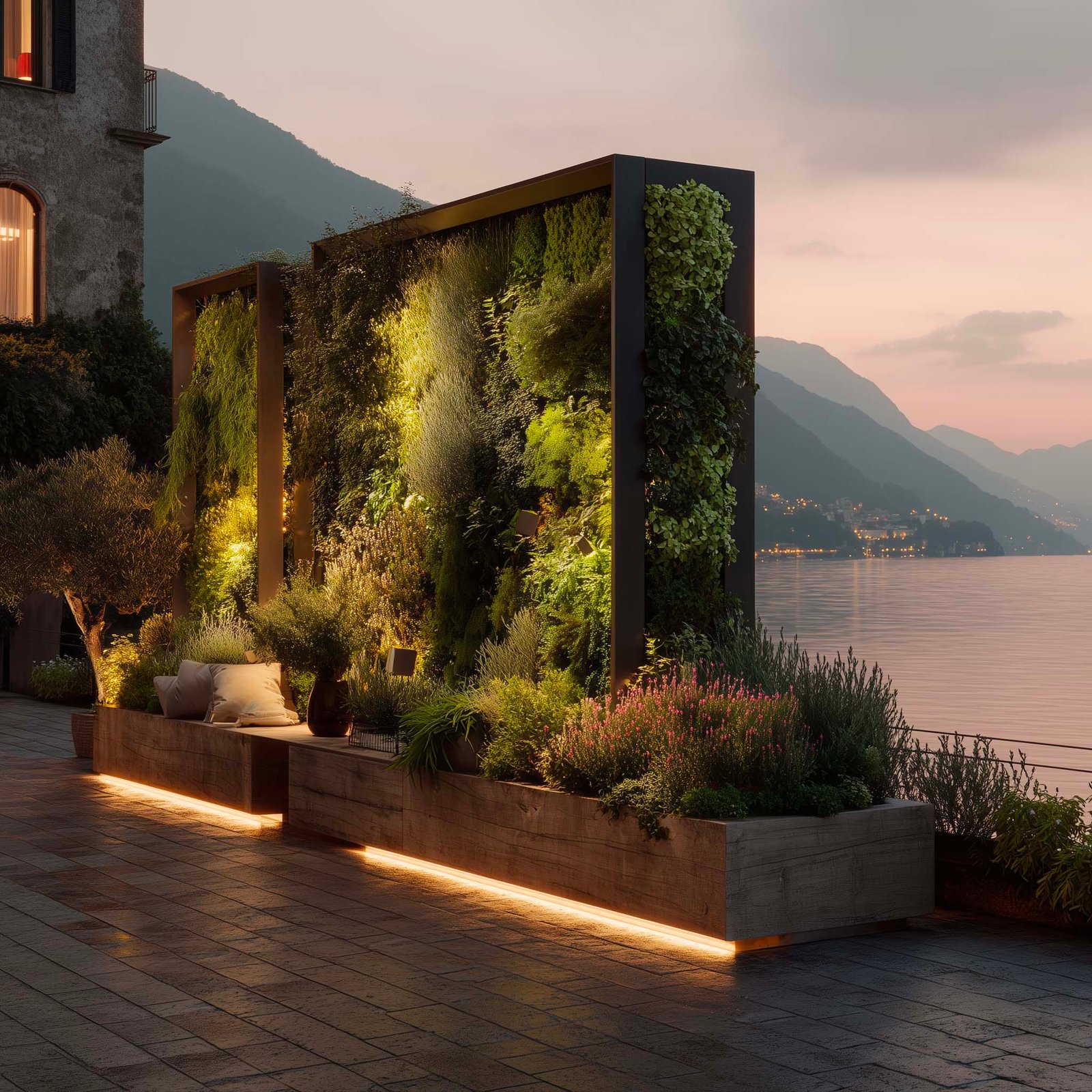 Sistema vivente — terrazza con Lignum, partizione e Apotheca, Olea europaea e aromatiche come forze attive dello spazio, Paracelsus Gardens™