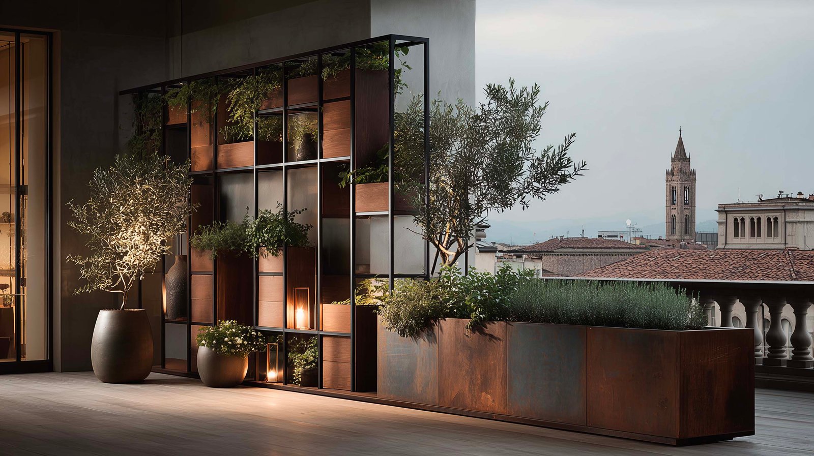 Terrazza panoramica a Milano con partizione botanica modulare in noce affumicato e Acciaio Brunito, Olea europaea e Lavandula angustifolia — Paracelsus Gardens™