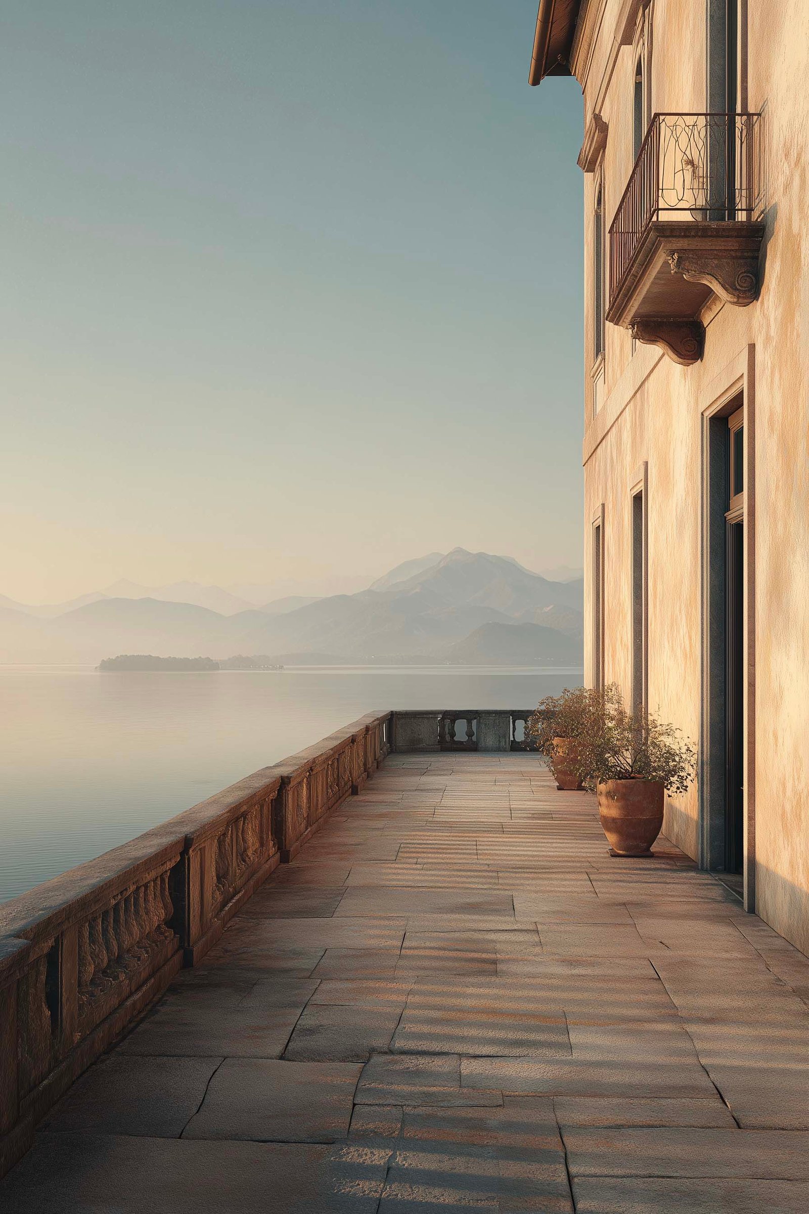 Origini — terrazza di villa sul Lago Maggiore, balaustra in pietra, bruma mattutina e montagne alpine — Paracelsus Gardens™