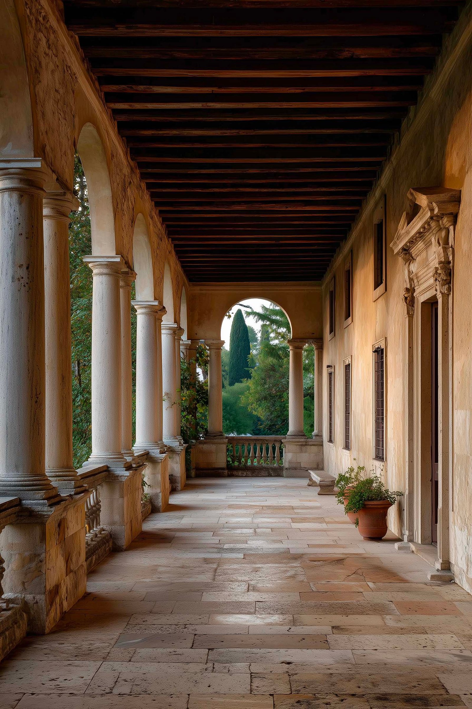 Origini — loggia palladiana in Veneto, colonne in pietra, travi in legno, cyprès e giardino formale — Paracelsus Gardens™