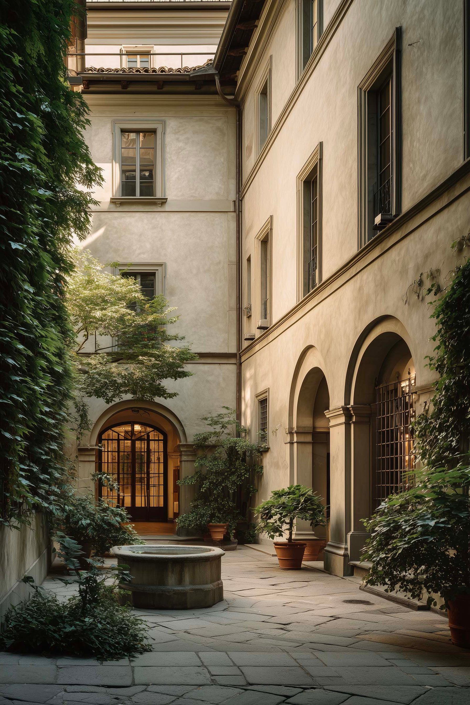 Origini — cortile di palazzo milanese, puits en pierre, Hedera helix, luce filtrata e proporzioni generose — Paracelsus Gardens™