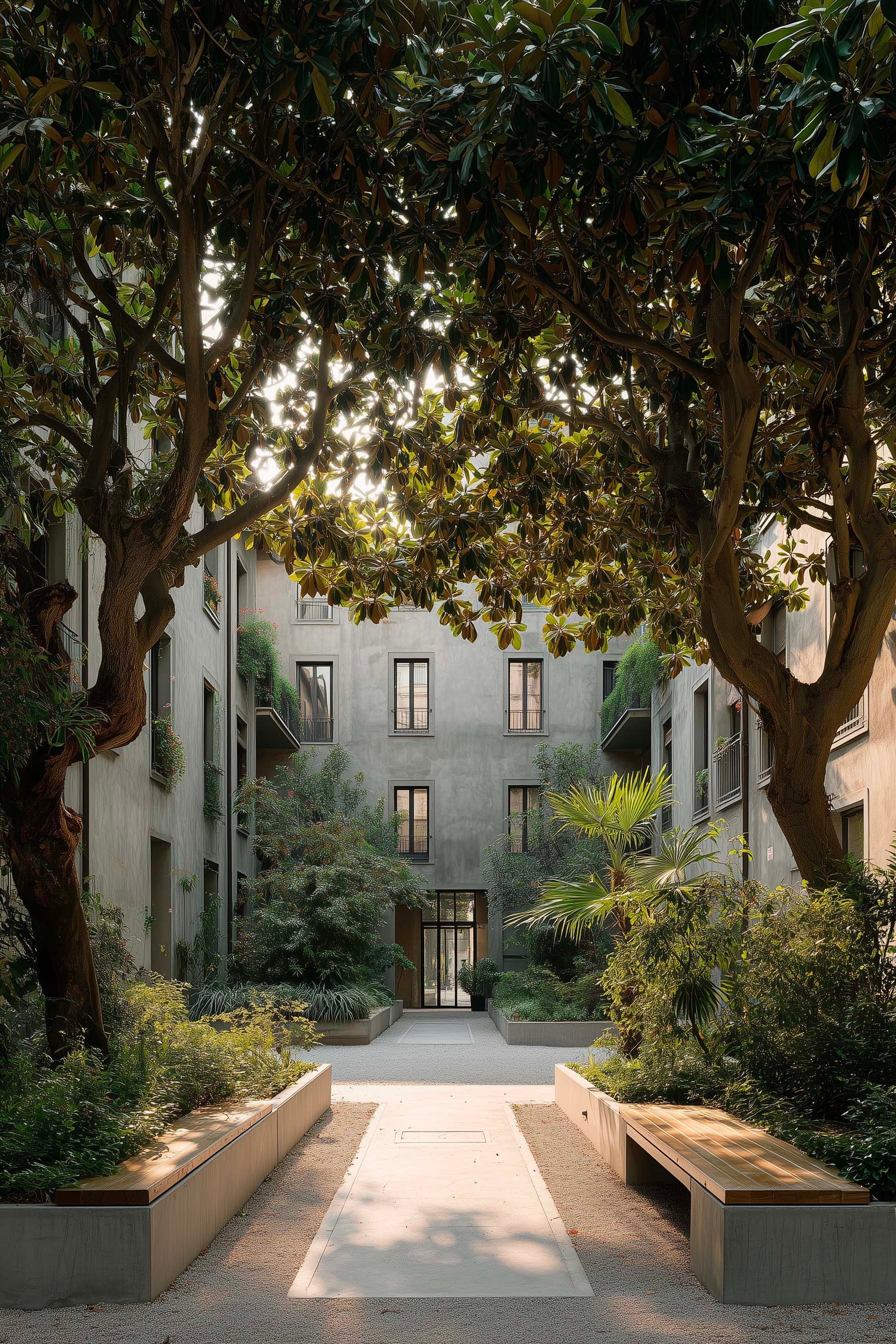 Origini — giardino condominiale milanese, Magnolia grandiflora, viale e canopia verde — Paracelsus Gardens™