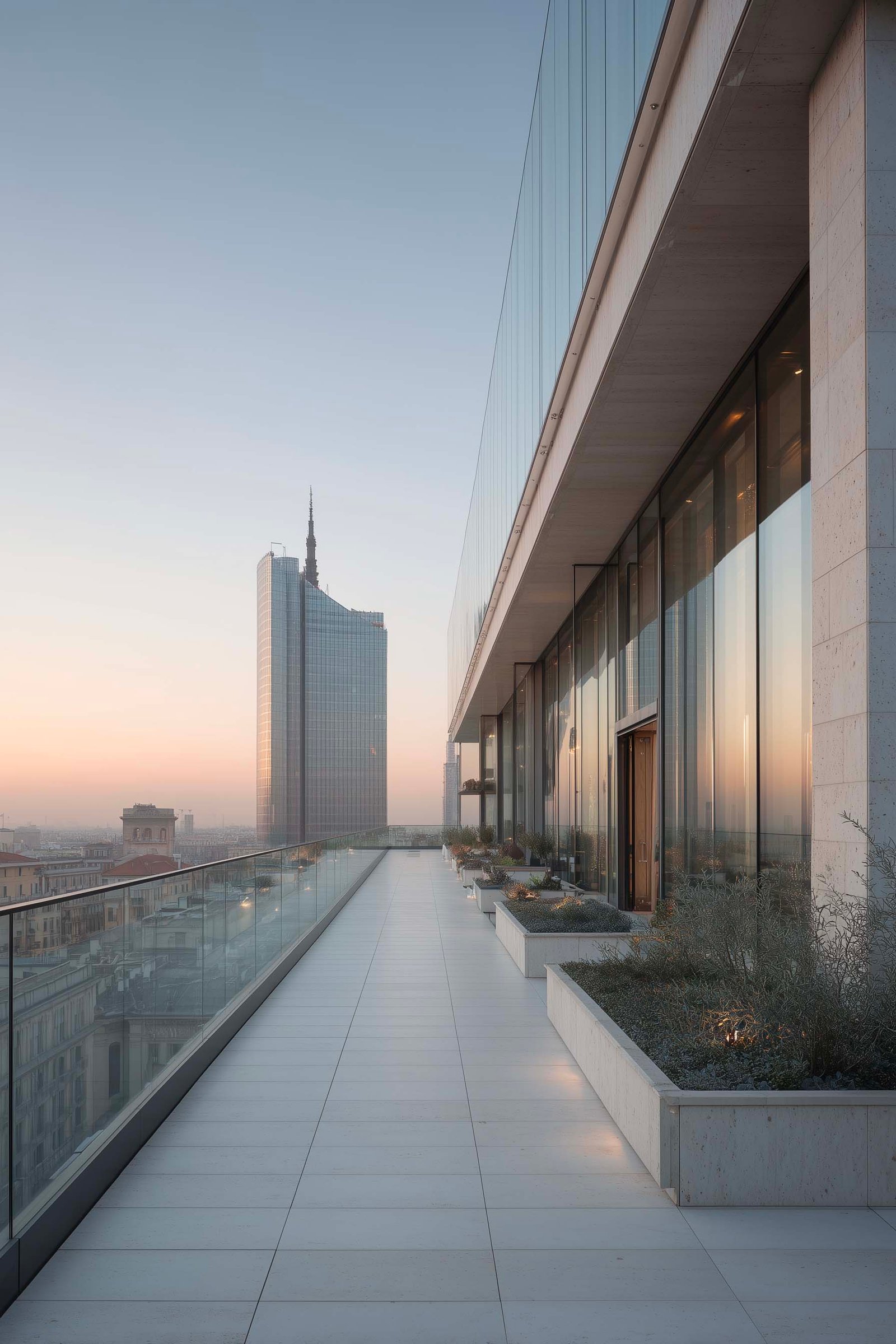 Origini — terrazza contemporanea vuota a Milano Porta Nuova, porcellanato chiaro, potenziale di design botanico — Paracelsus Gardens™