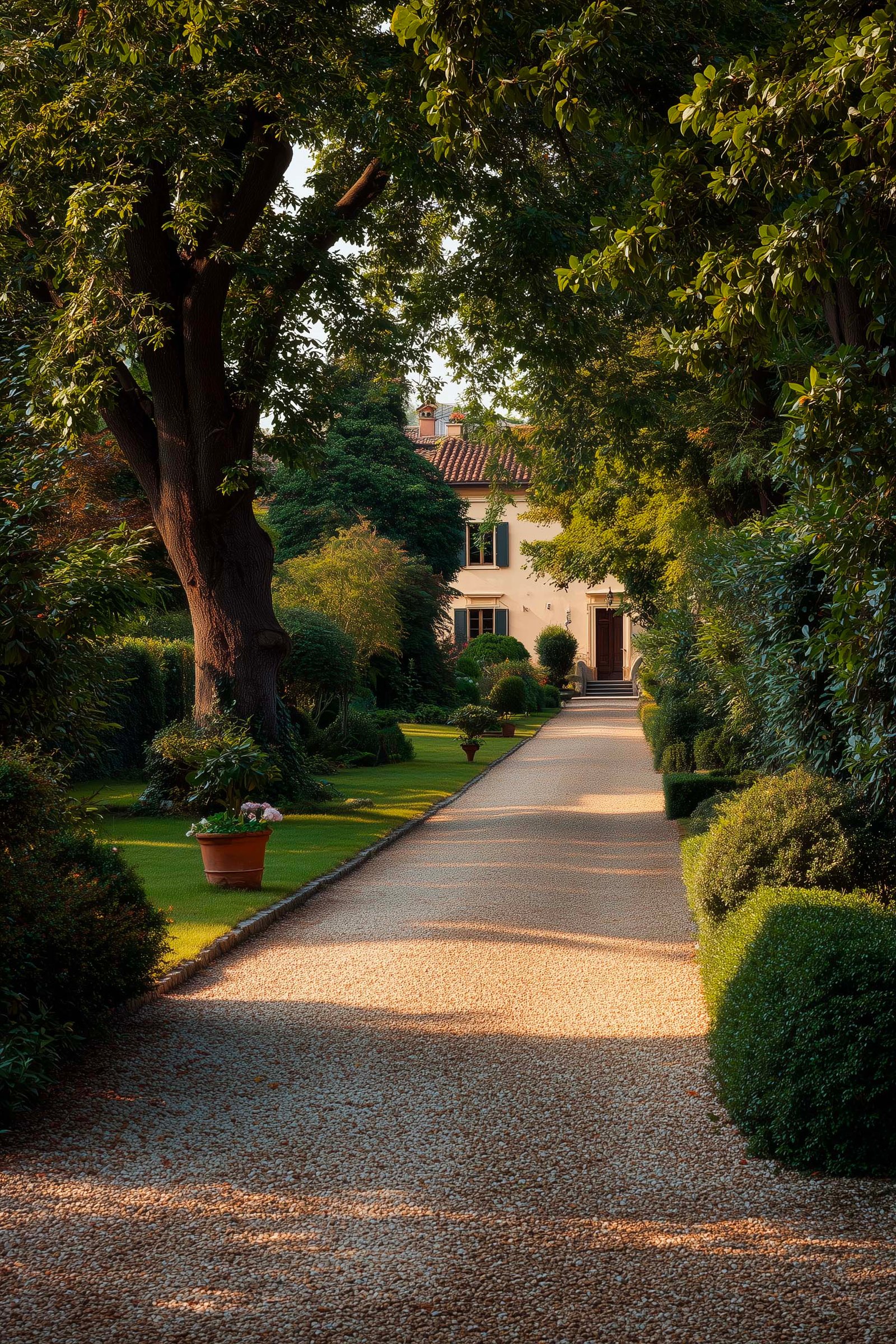 Origini — viale d’accesso di villa in Brianza, ghiaia, alberi maturi e luce dorata del tardo pomeriggio — Paracelsus Gardens™