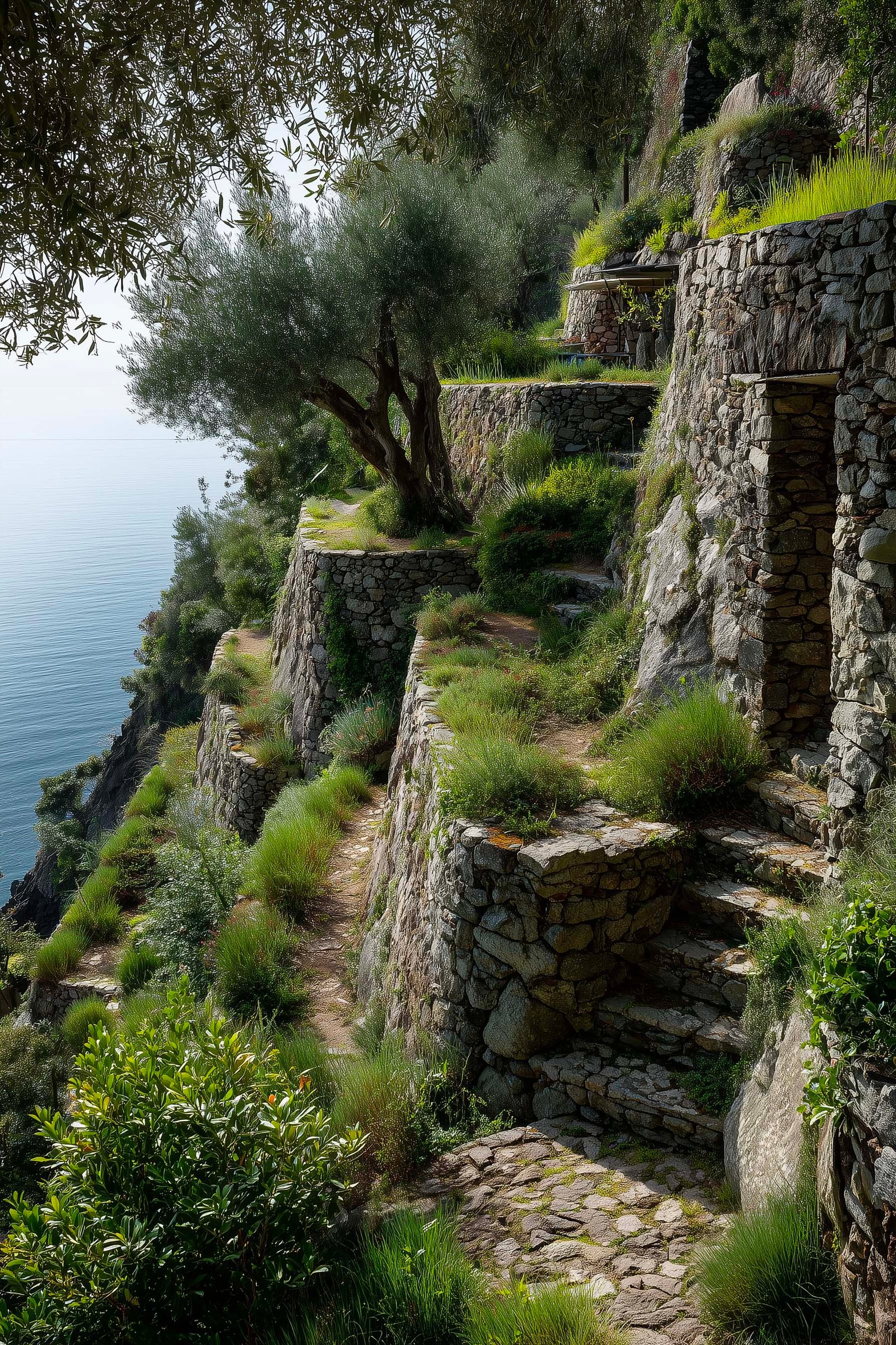 Origini — terrazzamenti in pietra secca sopra Portofino, Olea europaea, sentiero naturale verso il mare — Paracelsus Gardens™