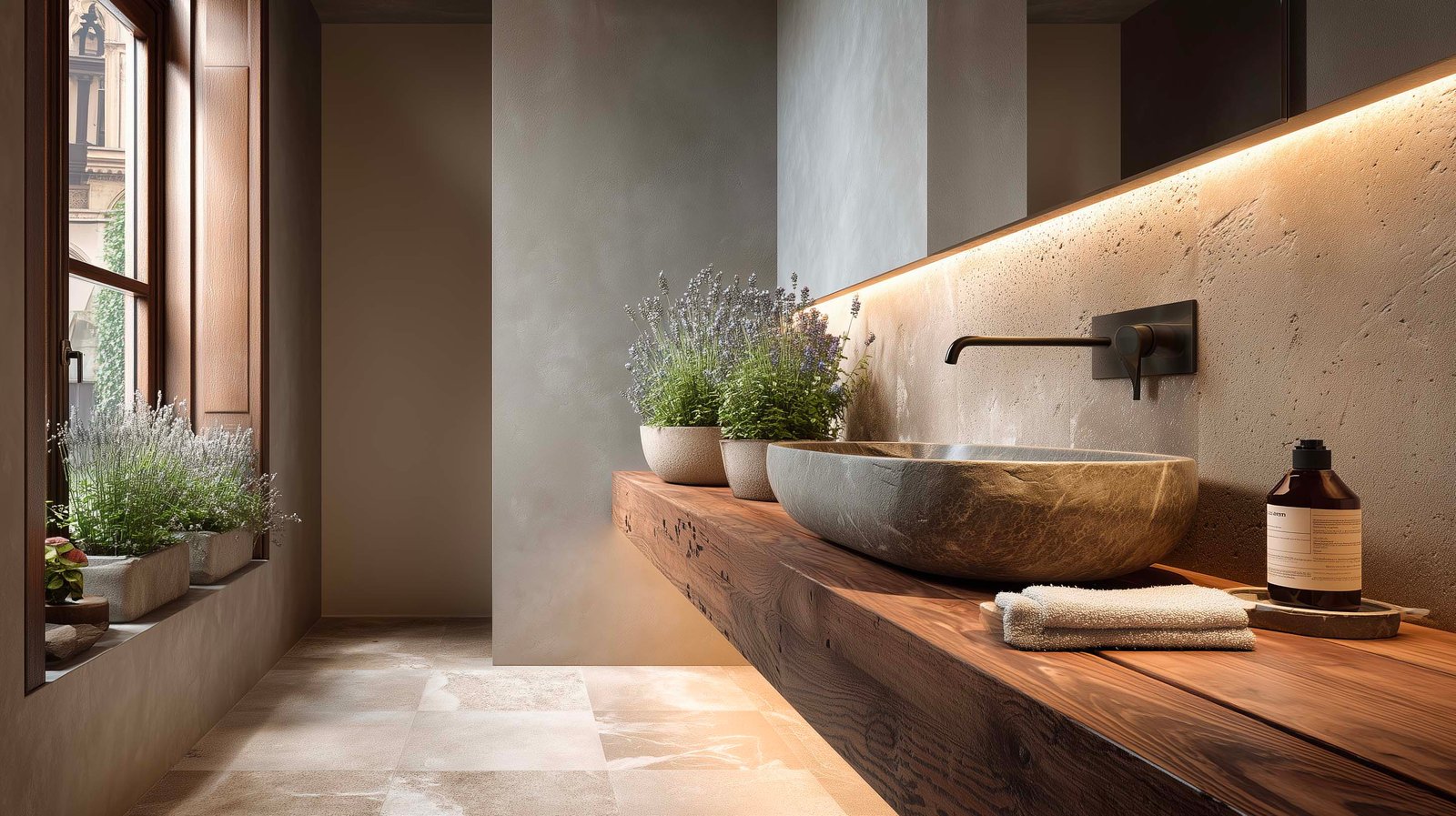 Palette materica in studio milanese: noce affumicato, Pietra Serena, Acciaio Brunito, Rosmarinus officinalis e Lavandula angustifolia su lino — Paracelsus Gardens™