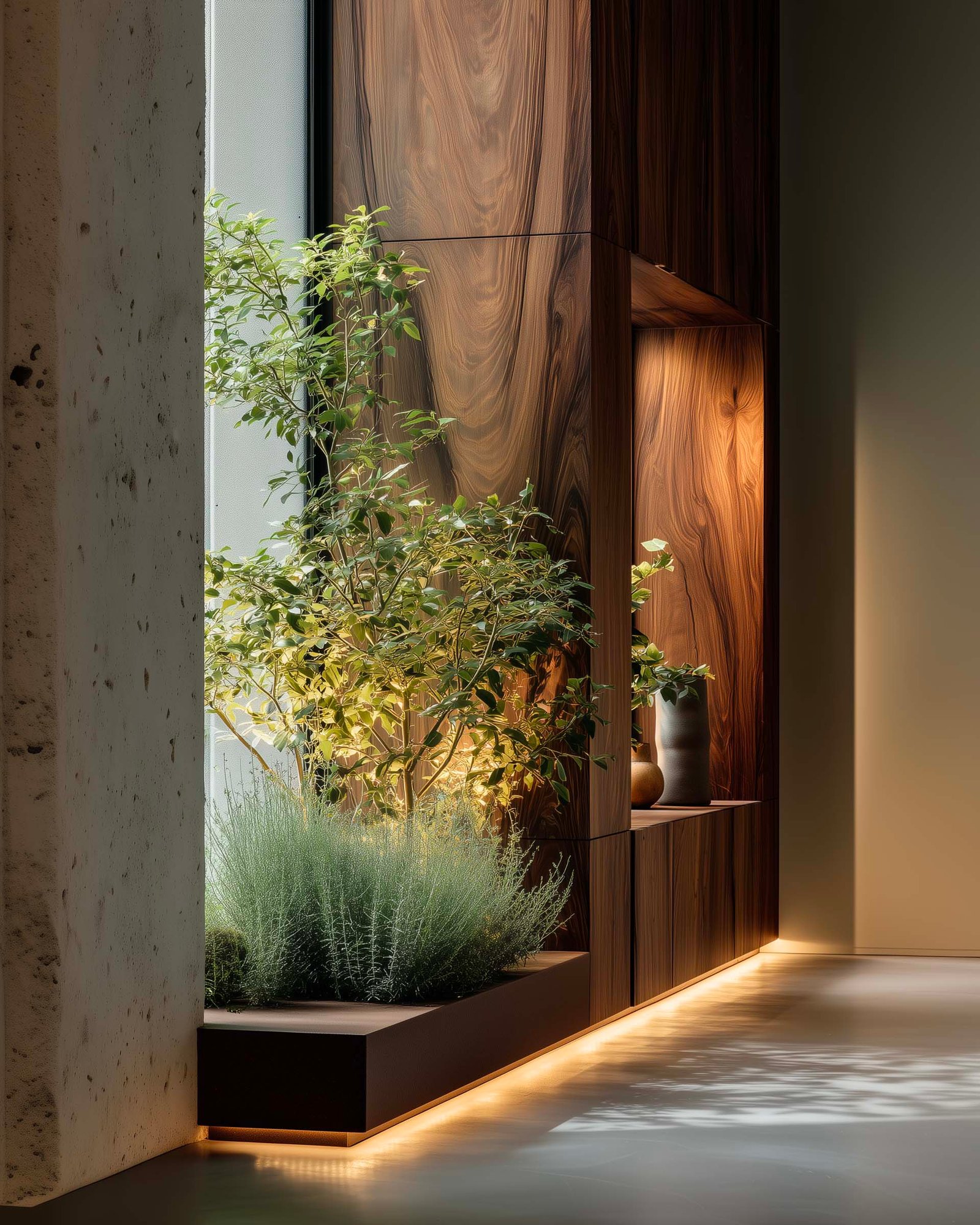 Fioriera Lignum in noce affumicato con Ficus microcarpa in angolo di appartamento milanese, ombra su intonaco bianco, LED integrato — Paracelsus Gardens™