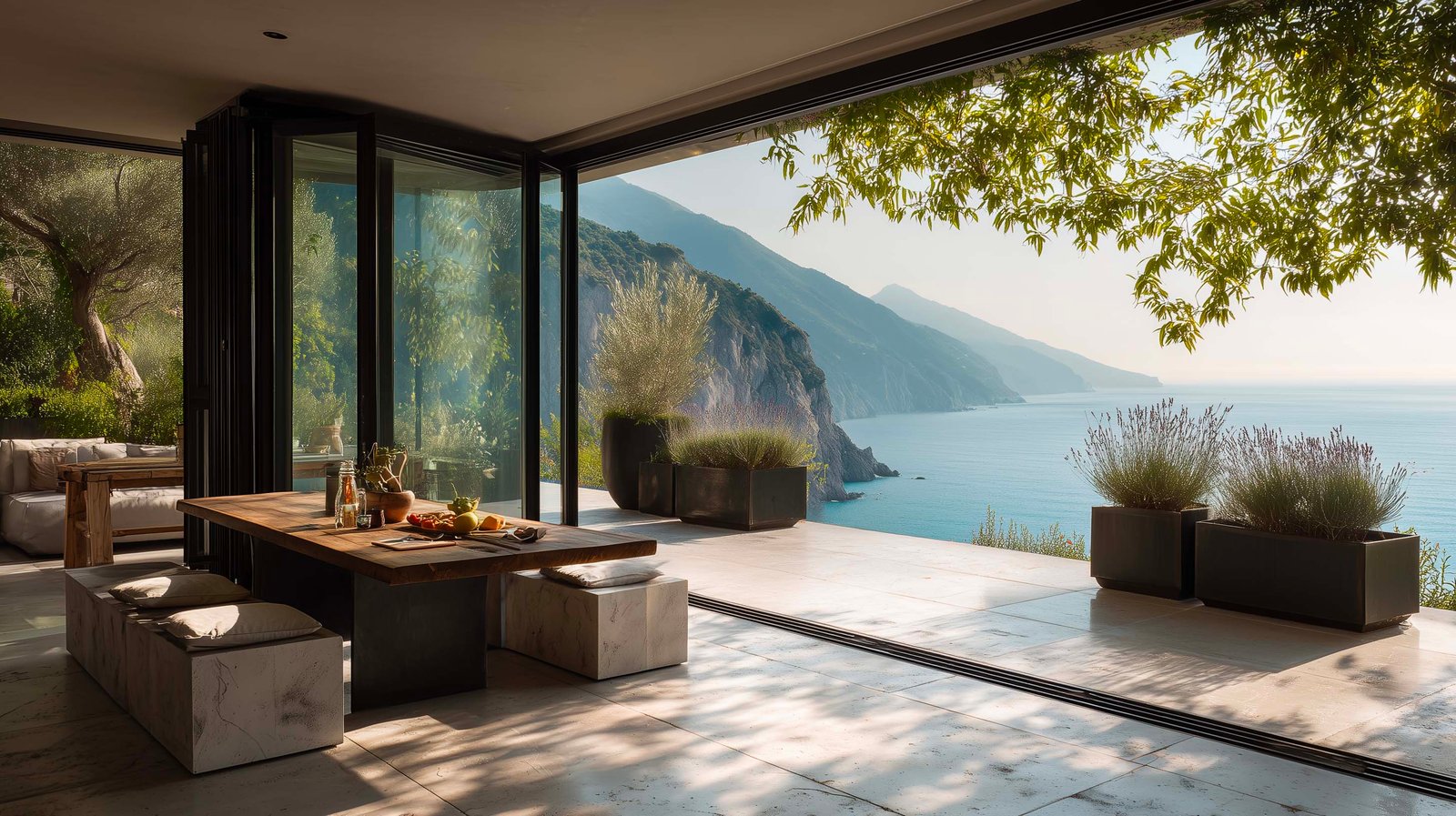 Soglia indoor-outdoor di villa sopra Villefranche-sur-Mer, partizione botanica in noce affumicato, Olea europaea e Lavandula angustifolia su travertino — Paracelsus Gardens™