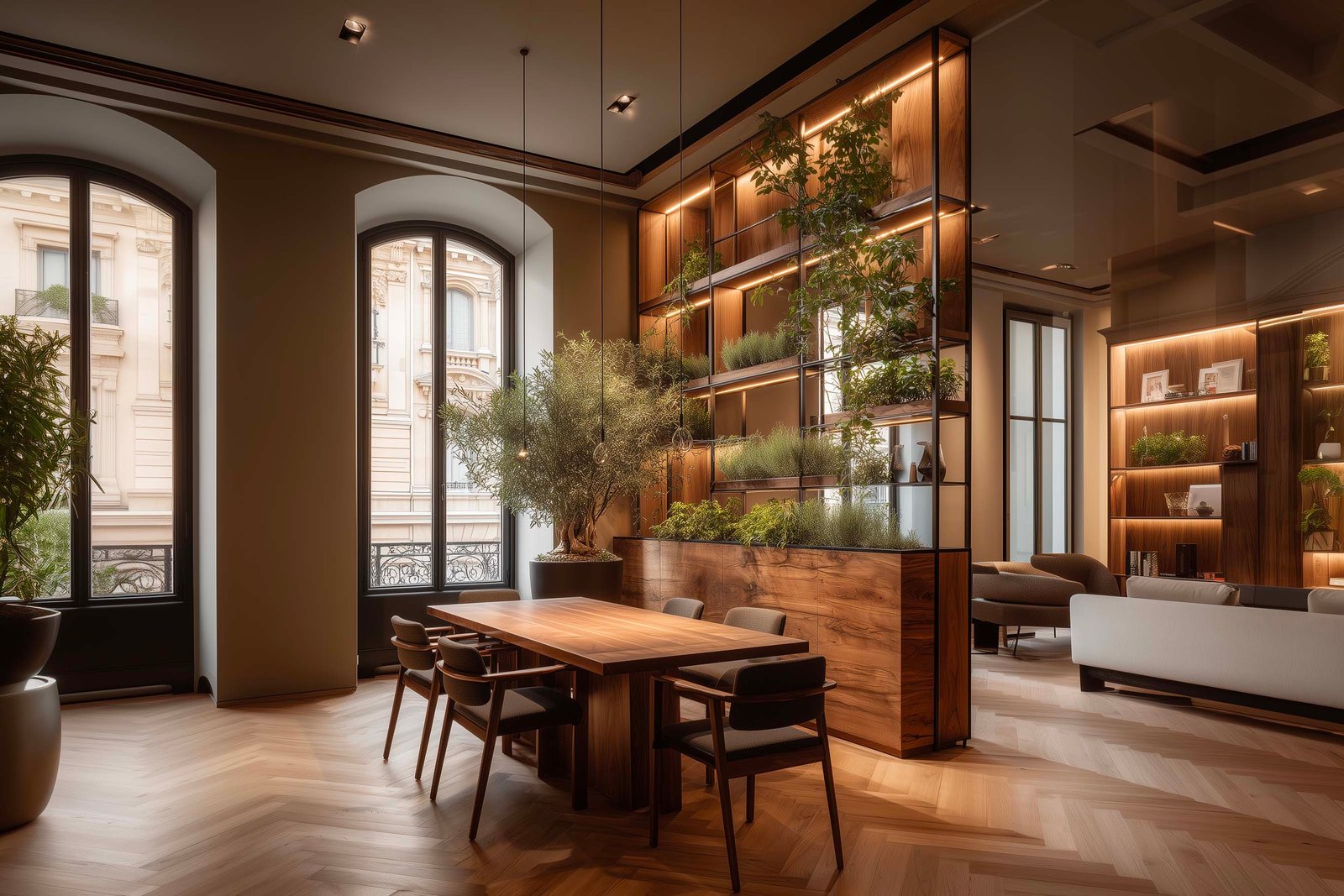 Eco italiana: sala da pranzo in palazzo milanese con partizione botanica modulare in noce affumicato, LED integrato, Olea europaea e parquet a spina — Paracelsus Gardens™