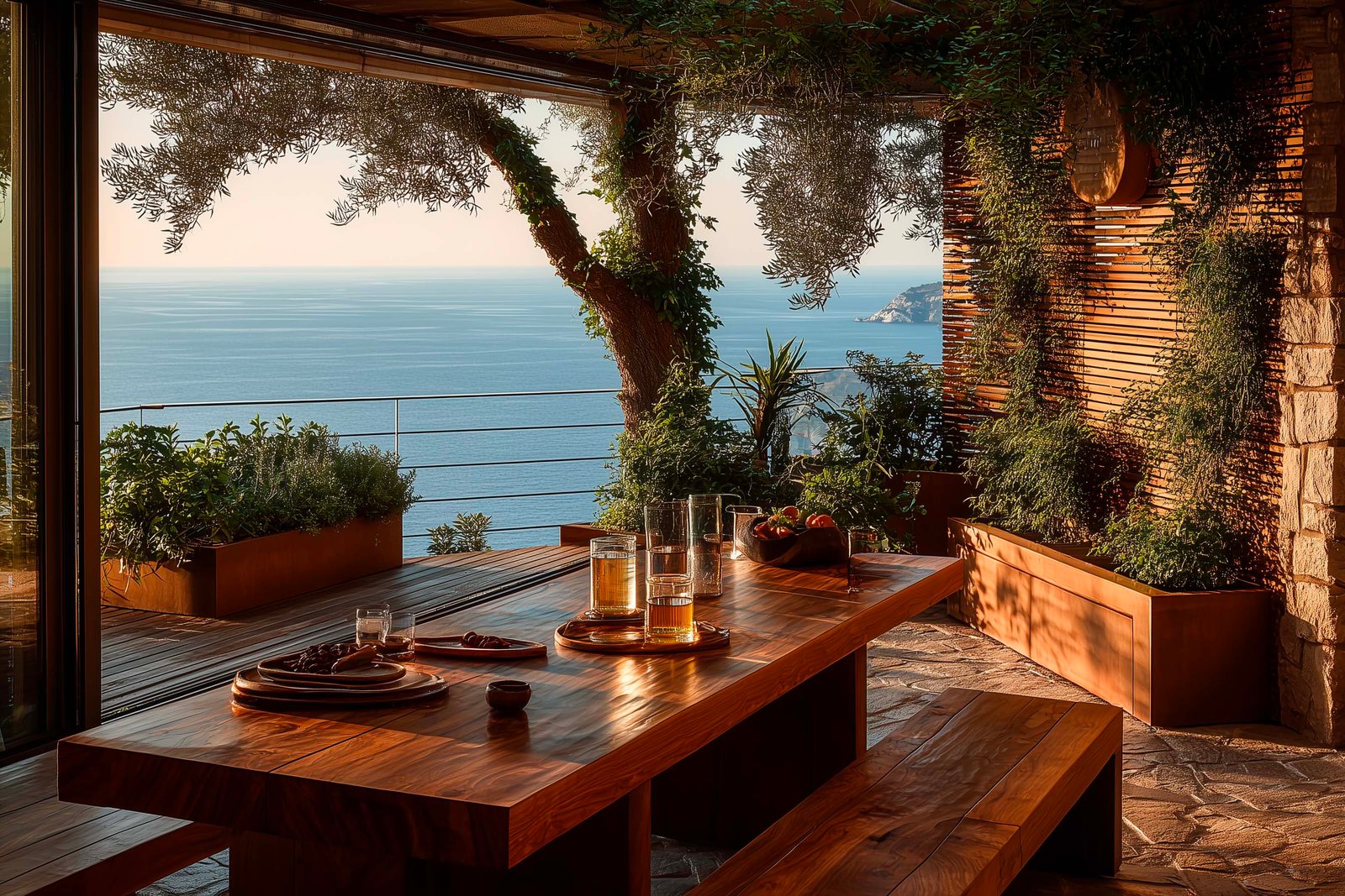 Eco mediterraneo: cortile ombreggiato di villa a Roquebrune-Cap-Martin, Olea europaea in fioriera Lignum, Lavandula angustifolia e Thymus vulgaris — Paracelsus Gardens™