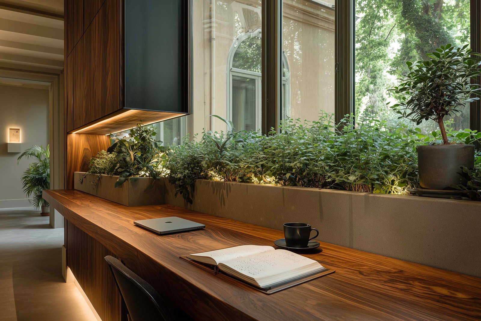 Eco minimalista: spazio milanese essenziale con partizione botanica in noce affumicato e Salvia officinalis, fioriera Lignum con Laurus nobilis — Paracelsus Gardens™