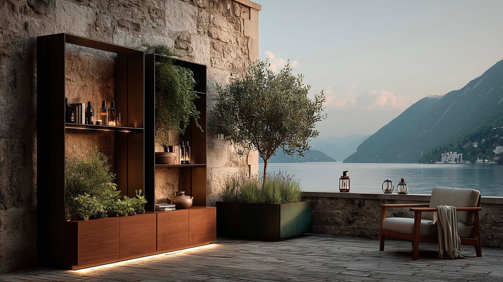 Vista panoramica da villa sul Lago di Como, sistema completo di architettura botanica: partizione, fioriere Lignum con Olea europaea, consolle Apotheca — Paracelsus Gardens™