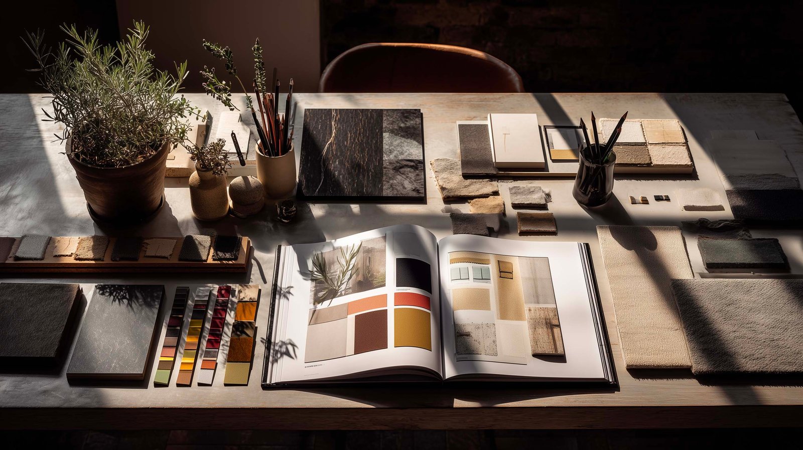 Studio di design a Milano Brera con lookbook stampati e booklet editoriali, campioni di noce affumicato e Pietra Serena, Apotheca con Rosmarinus officinalis — Paracelsus Gardens™