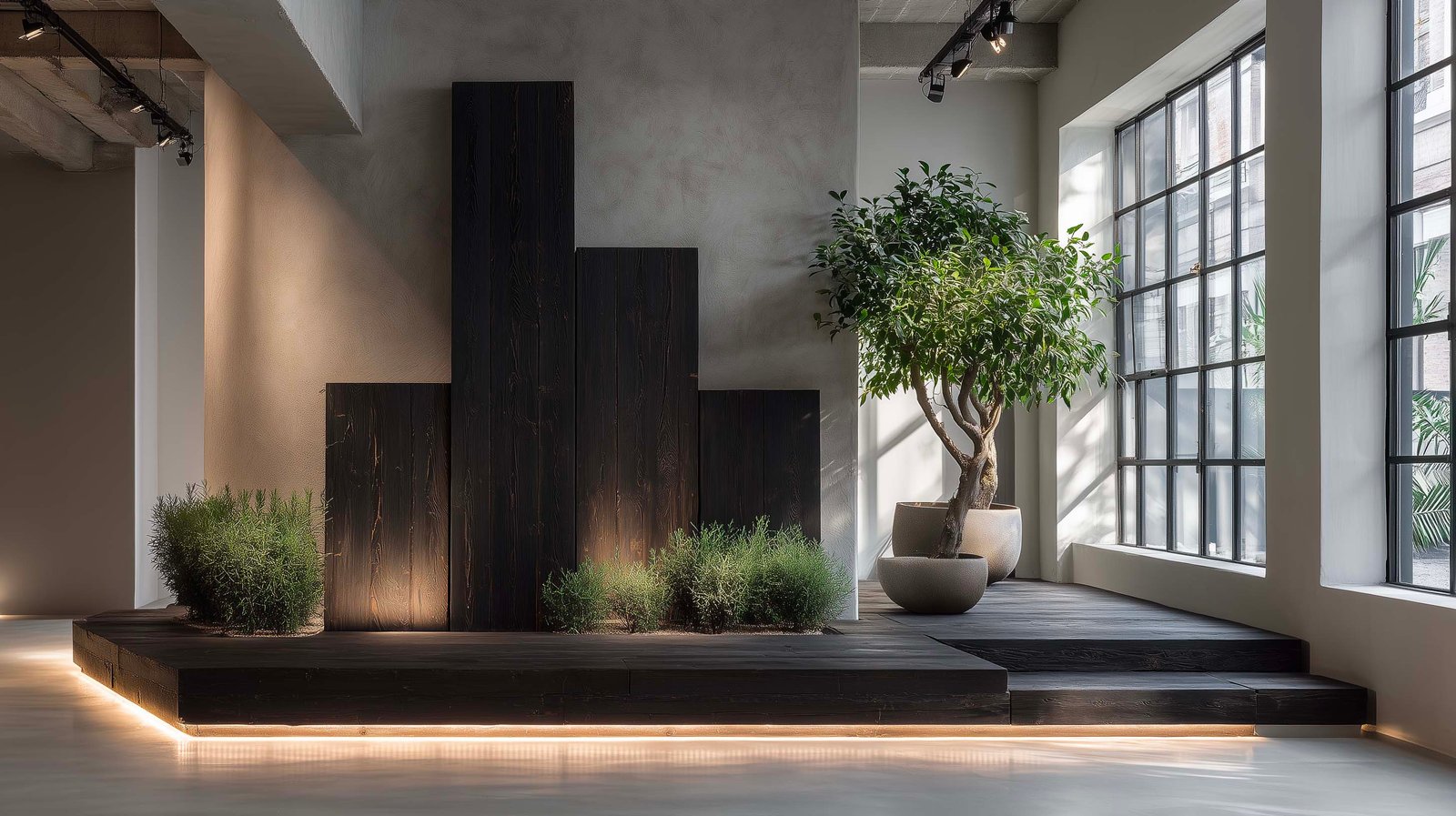 Loft milanese contemporaneo con partizione botanica modulare in noce affumicato e Acciaio Brunito, Rosmarinus officinalis e Salvia officinalis — grammatica di massa ritmo e intervallo — Paracelsus Gardens™