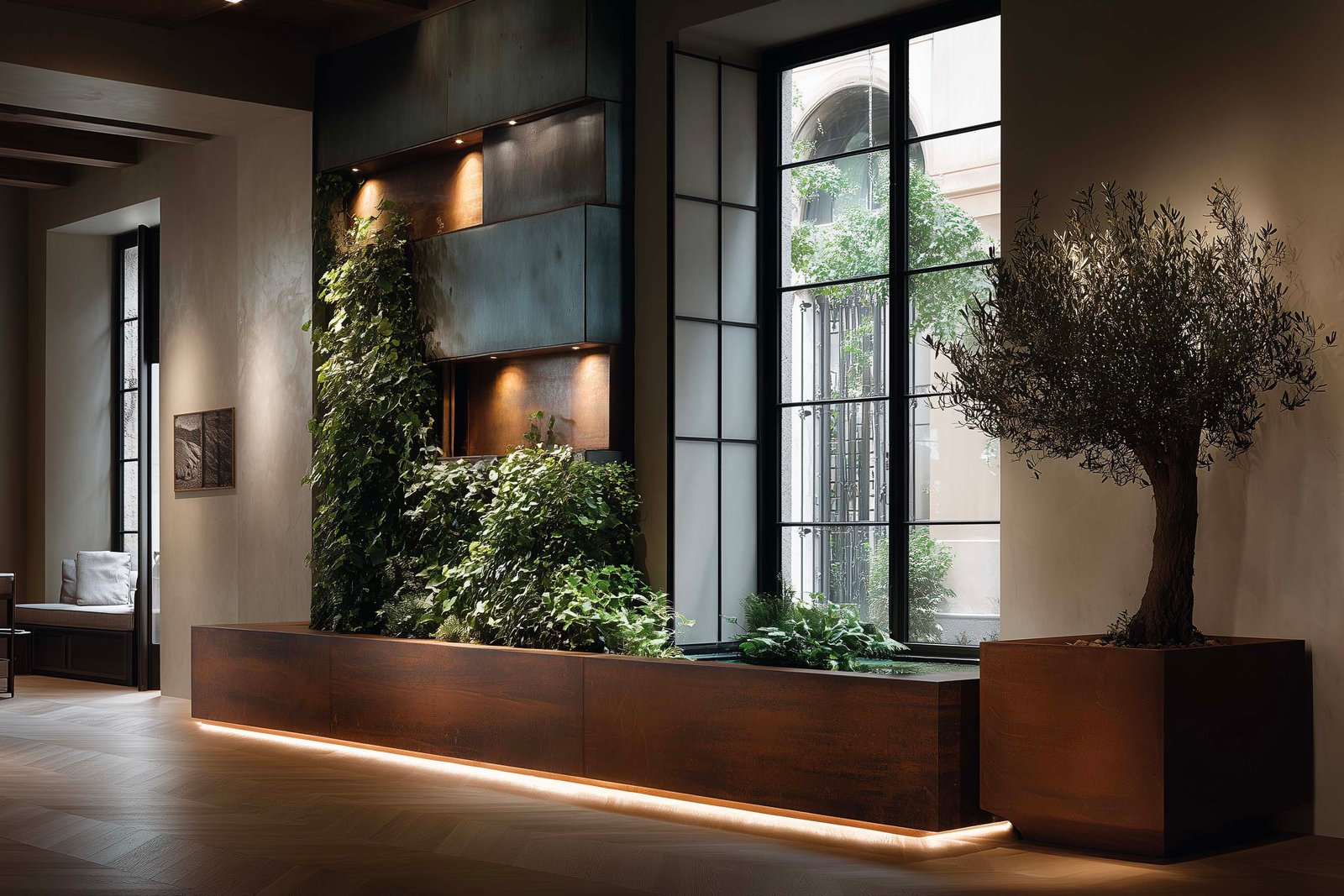 Massa botanica generosa in living milanese, partizione modulare in noce affumicato con Hedera helix e Rosmarinus officinalis, fioriera Lignum con Laurus nobilis — Paracelsus Gardens™