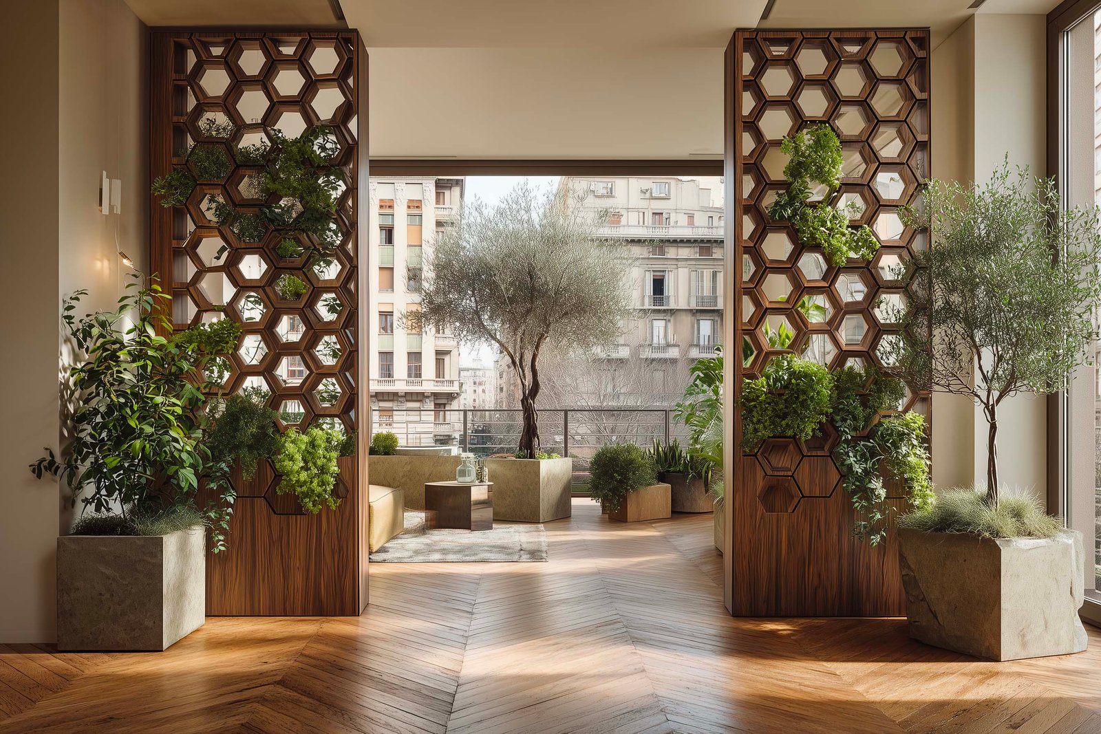 Spazio aperto milanese con segmenti di partizione botanica separati da intervallo, Salvia officinalis e Thymus vulgaris, vista terrazza con Olea europaea — Paracelsus Gardens™