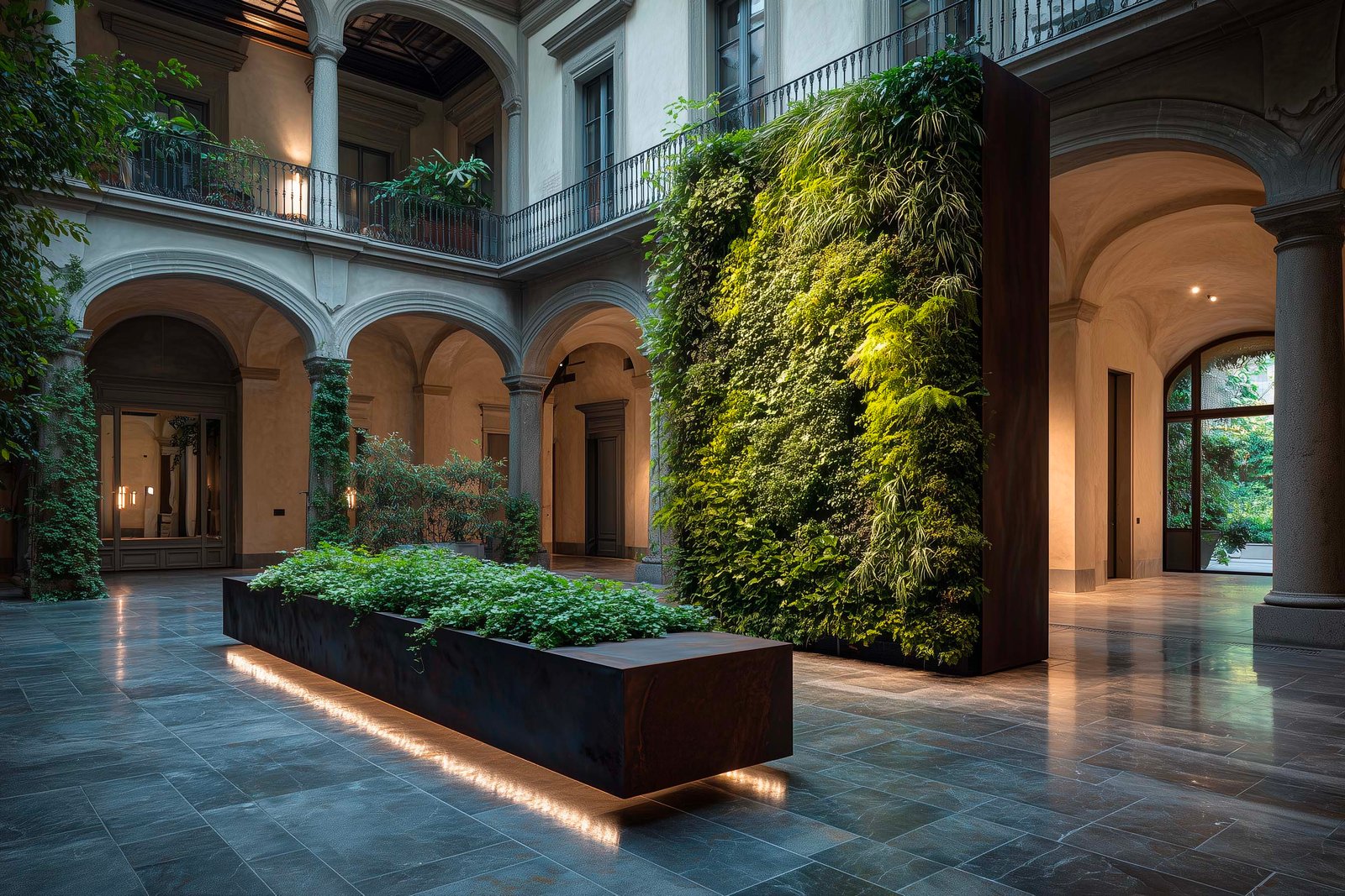 Ingresso doppia altezza di villa sul Lago di Como, partizione botanica modulare in noce affumicato con Hedera helix, pavimento in Pietra Serena — Paracelsus Gardens™