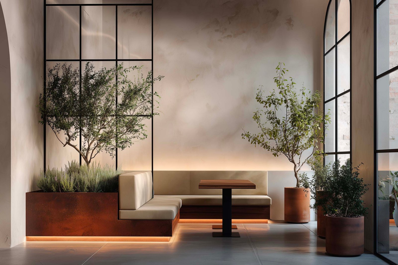 Sala da pranzo milanese con partizione botanica in noce affumicato, palette limitata di Rosmarinus officinalis e Salvia officinalis, micro-cemento grigio caldo — Paracelsus Gardens™