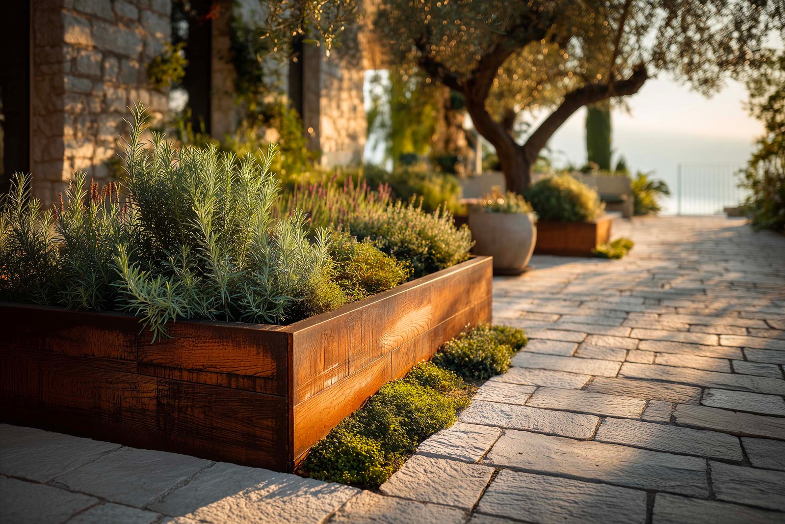 Terrazza matura di villa sul Lago di Garda, partizione botanica in noce affumicato con Rosmarinus officinalis stagionato, fioriera Lignum con Olea europaea — Paracelsus Gardens™