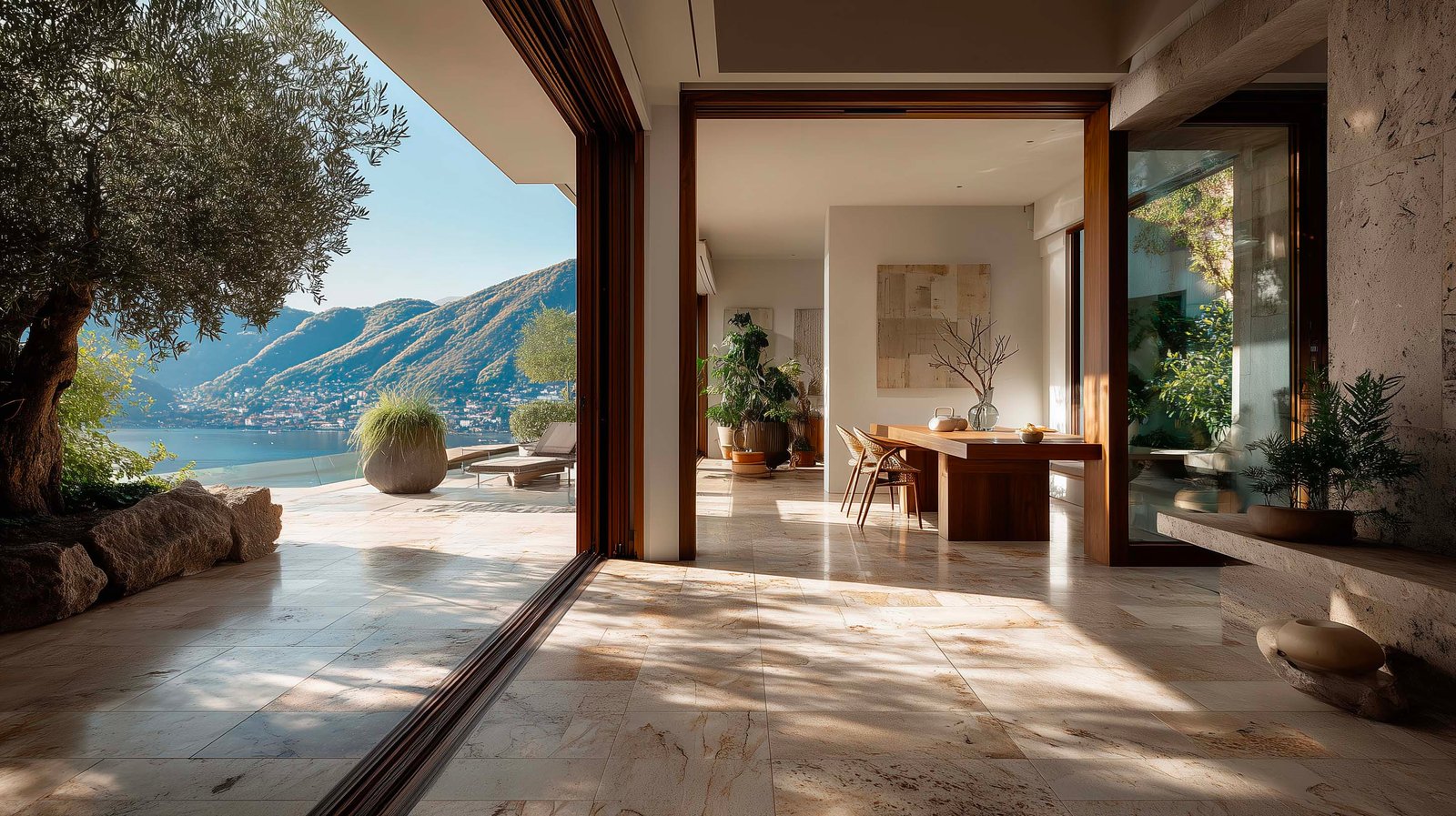 Villa contemporanea sul Lago di Como, luce mattutina su pavimento in travertino, fioriera Lignum in noce affumicato con Laurus nobilis, soglia in Pietra Serena — Paracelsus Gardens™